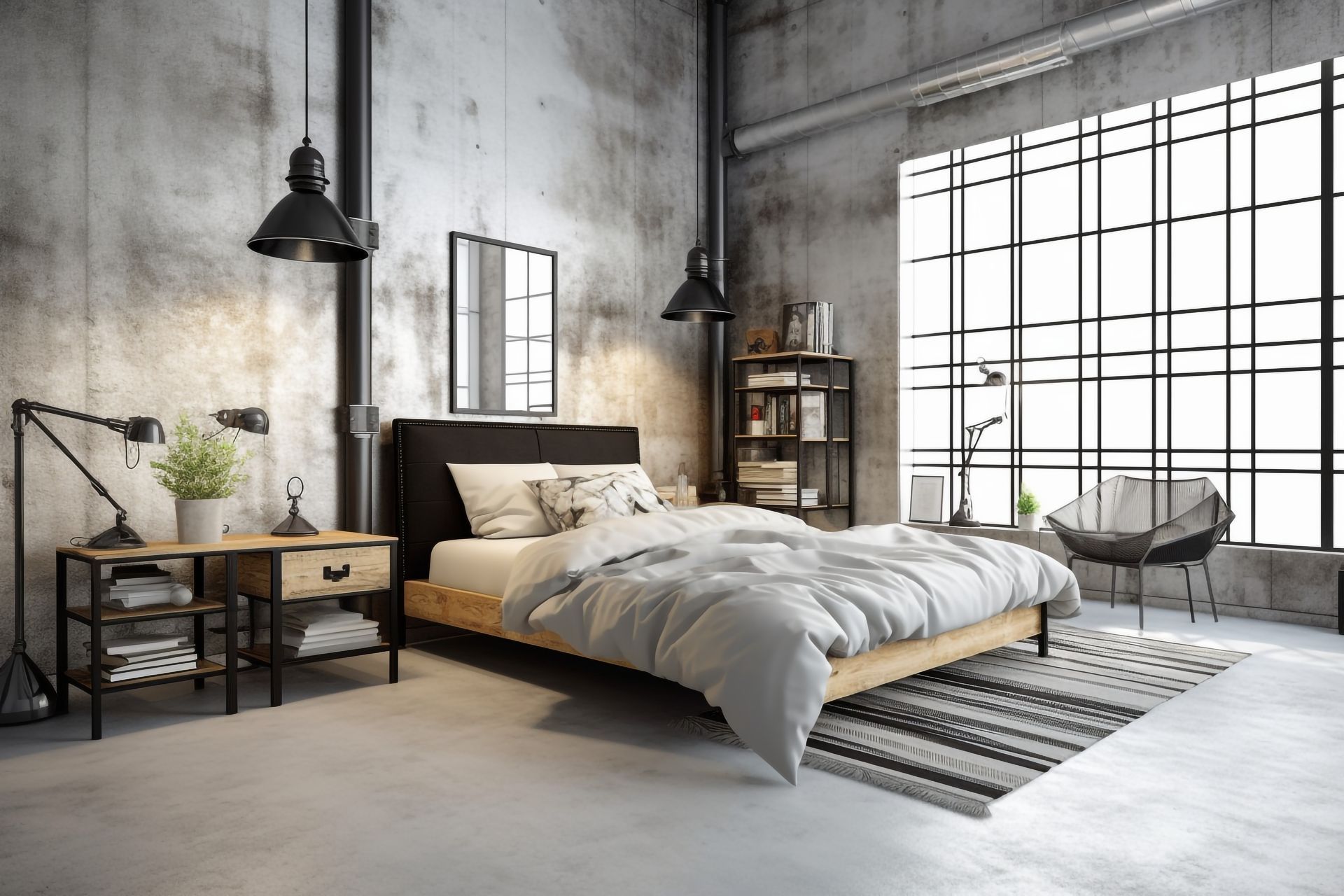 Une chambre de style industriel dans les tons de gris