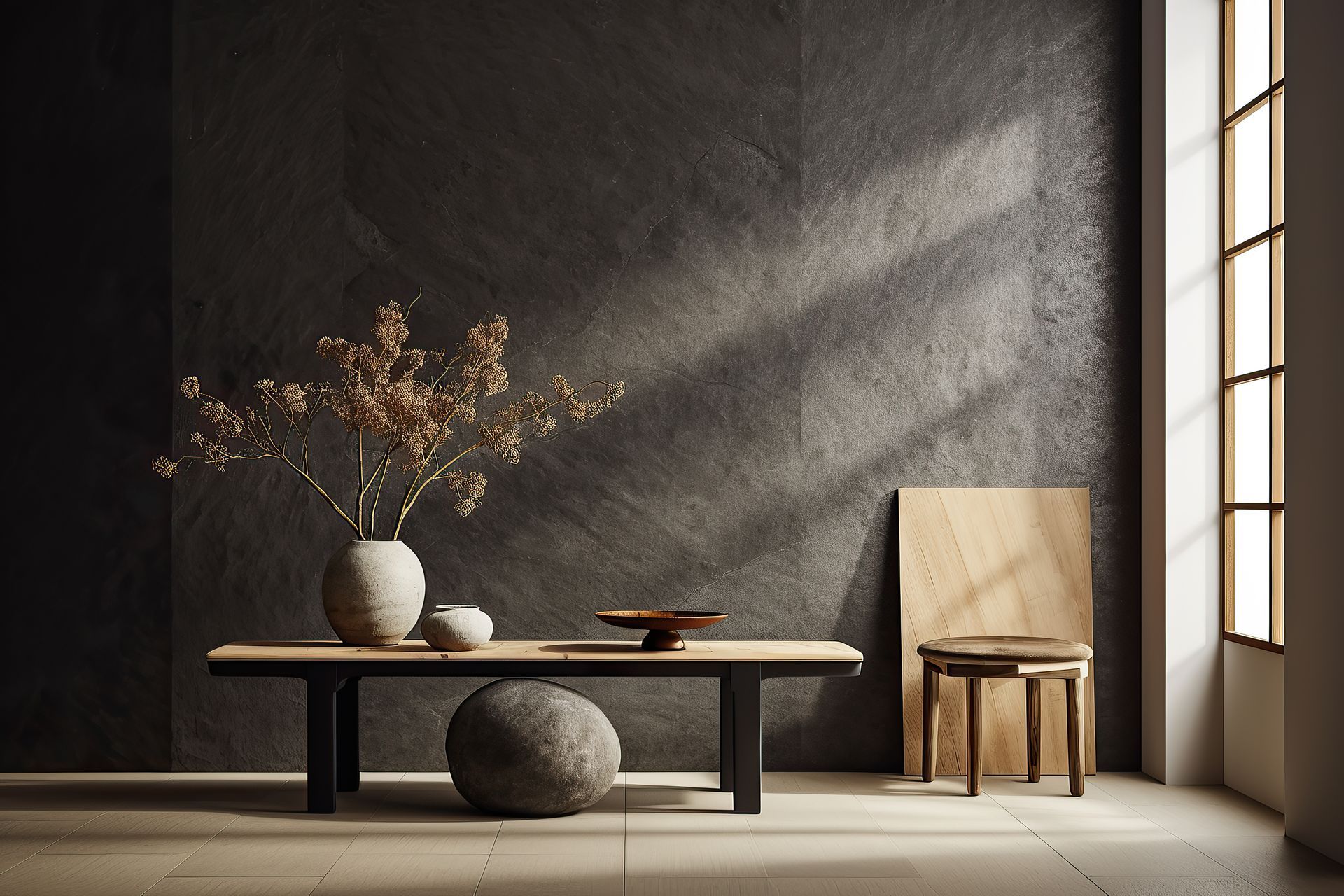 Deux petites tables dans un salon gris foncé
