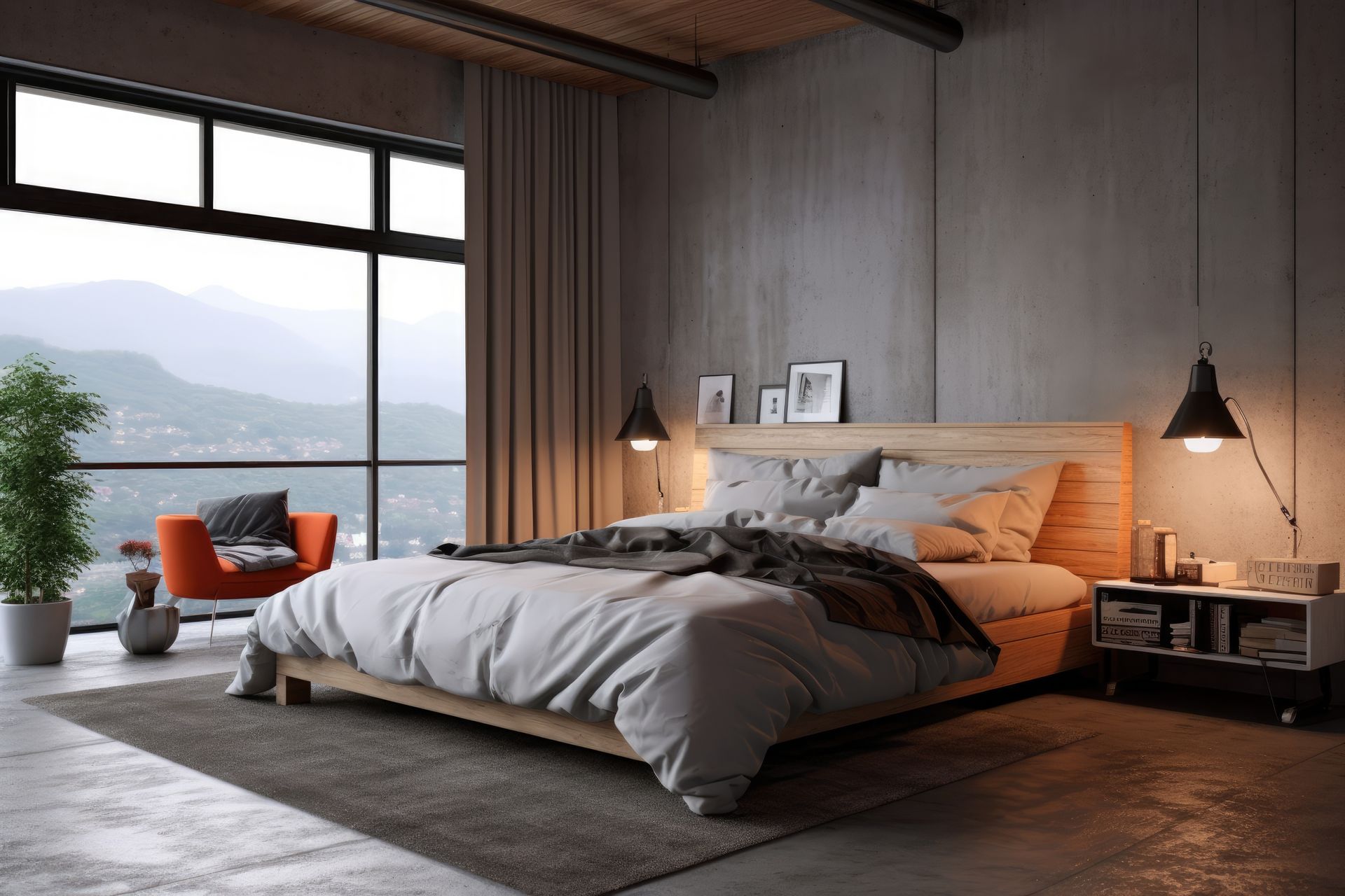 Une chambre avec un lit en bois sur un sol bétonné dans un style moderne