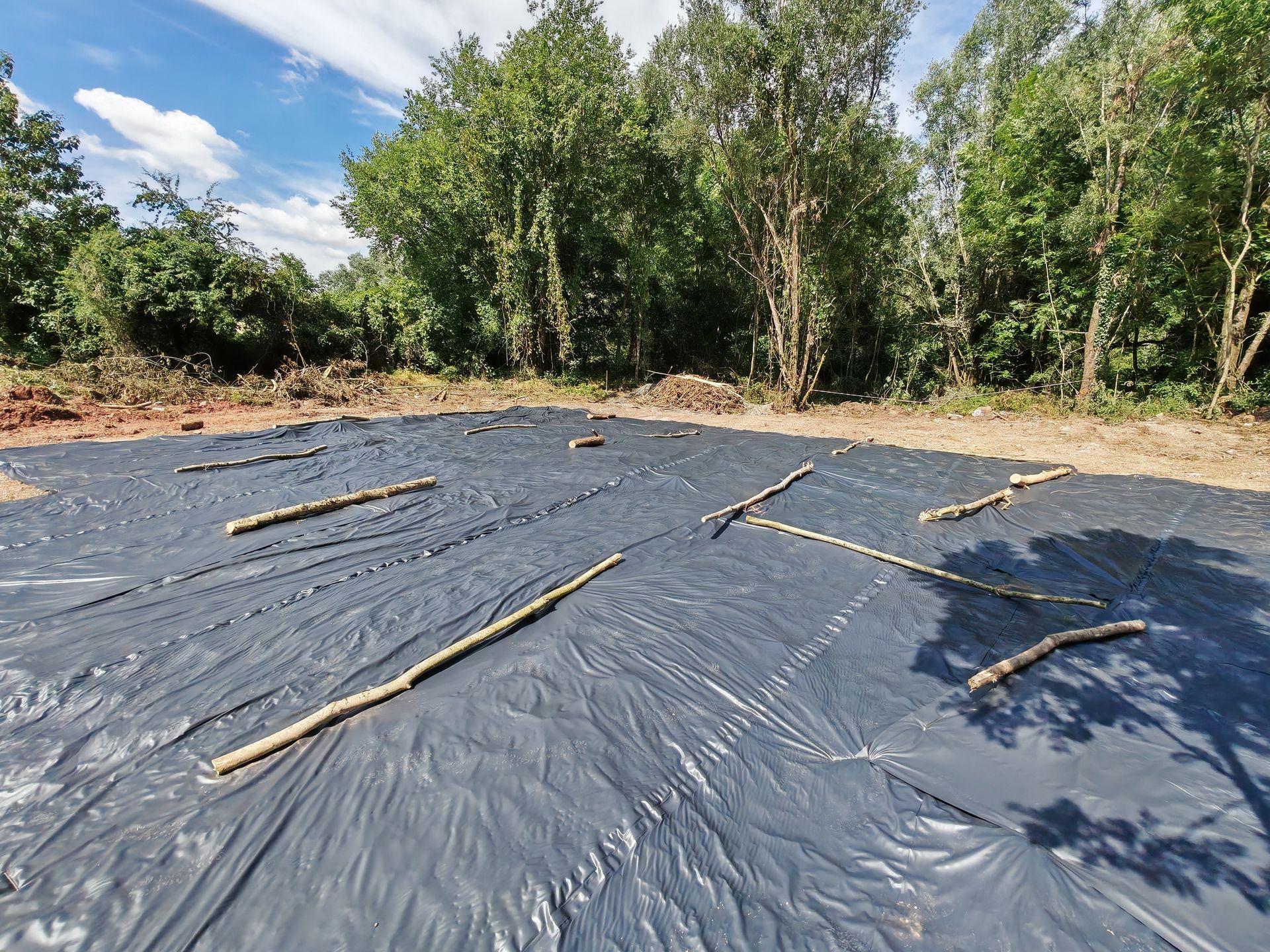 Une bâche en plastique noir est étendue sur le sol dans une clairière ensoleillée, maintenue en place par des bâtons.