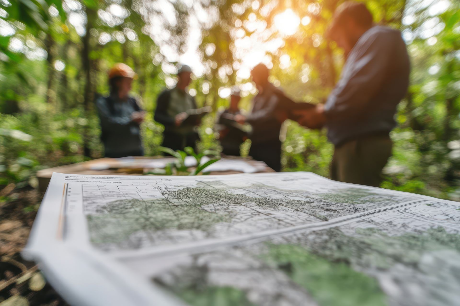 Scène de parc forestier avec des randonneurs autour d'une carte, la lumière du soleil filtrant à travers les arbres