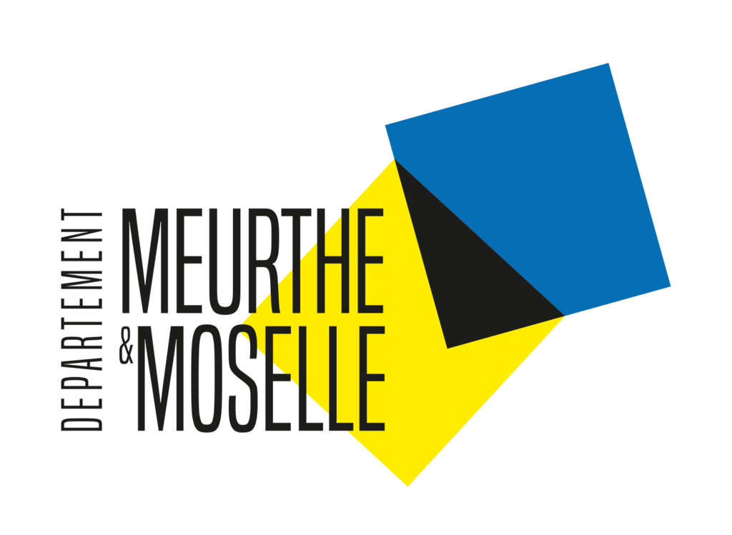 Logo du département de Meurthe-et-Moselle avec du texte noir et des formes géométriques bleues, jaunes et noires