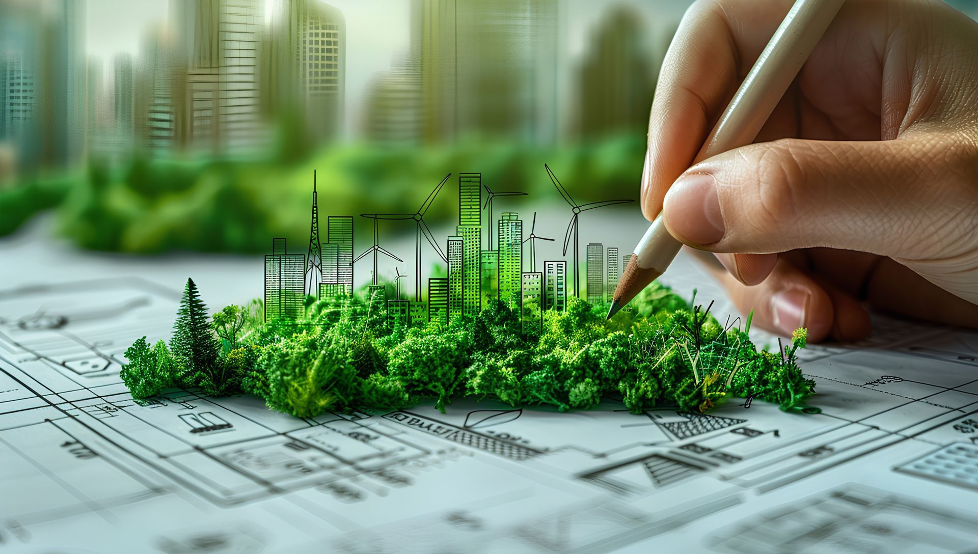 Dessin à la main d'un paysage urbain écologique et d'un plan architectural sur un plan directeur