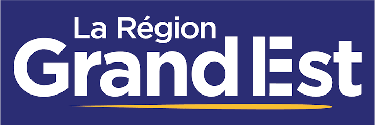 Logo blanc et jaune La Région Grand Est sur fond bleu marine.