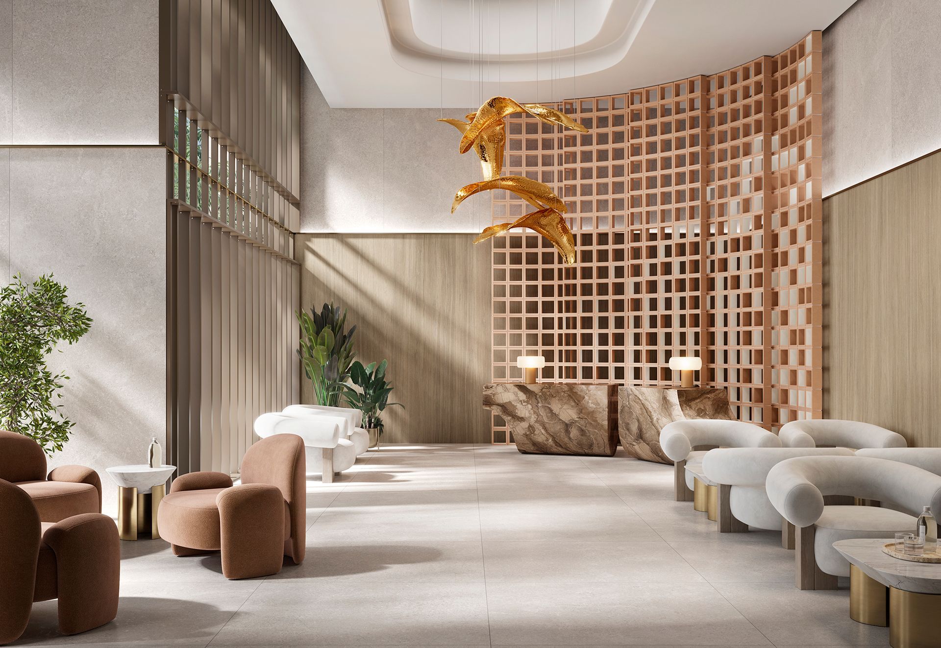 Salon moderne avec sièges beiges, murs en treillis de bois et sculpture de cheval dorée suspendue au plafond