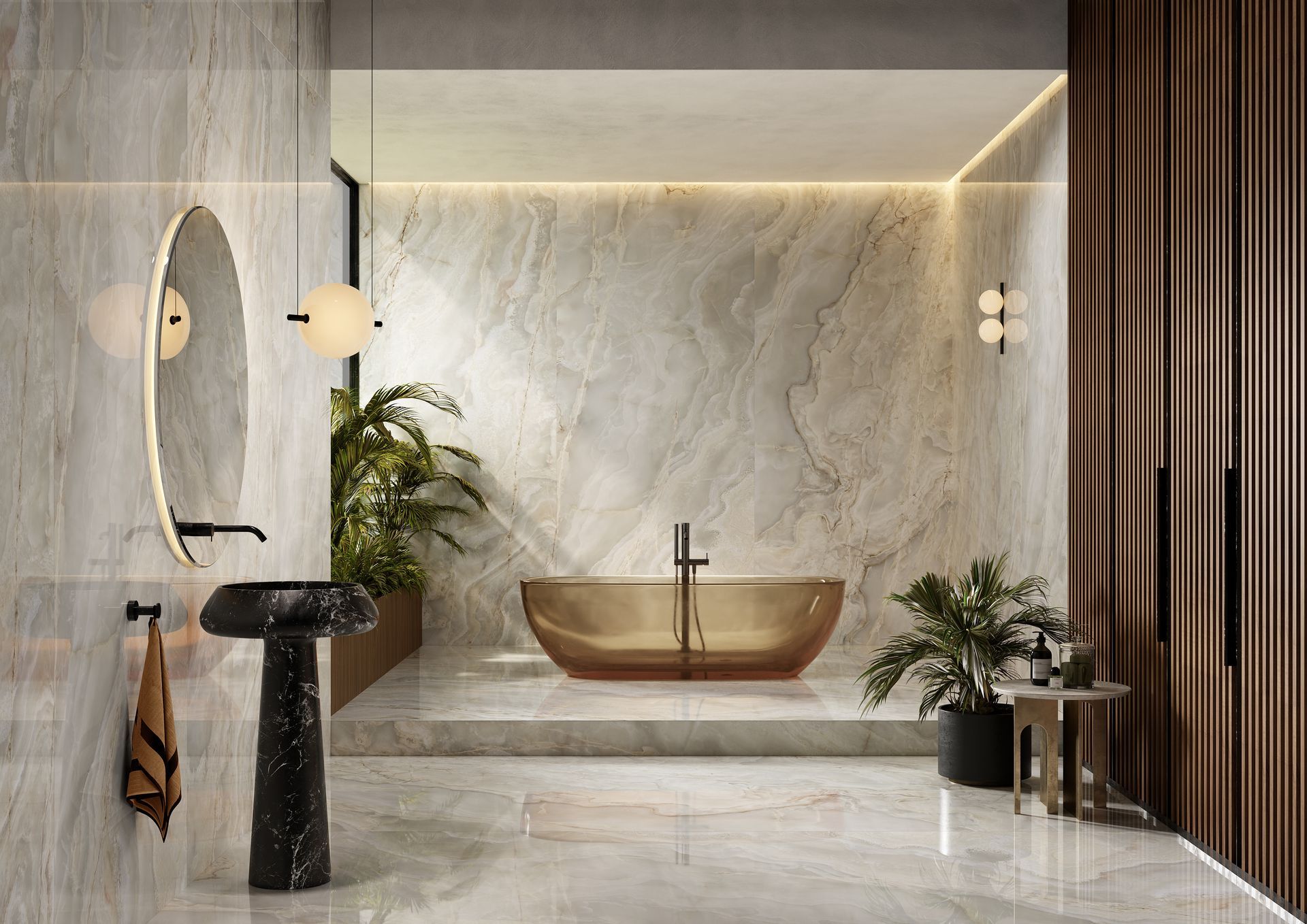 Salle de bain spa moderne avec murs en pierre, baignoire îlot, lavabo noir, plantes et éclairage d'ambiance chaleureux