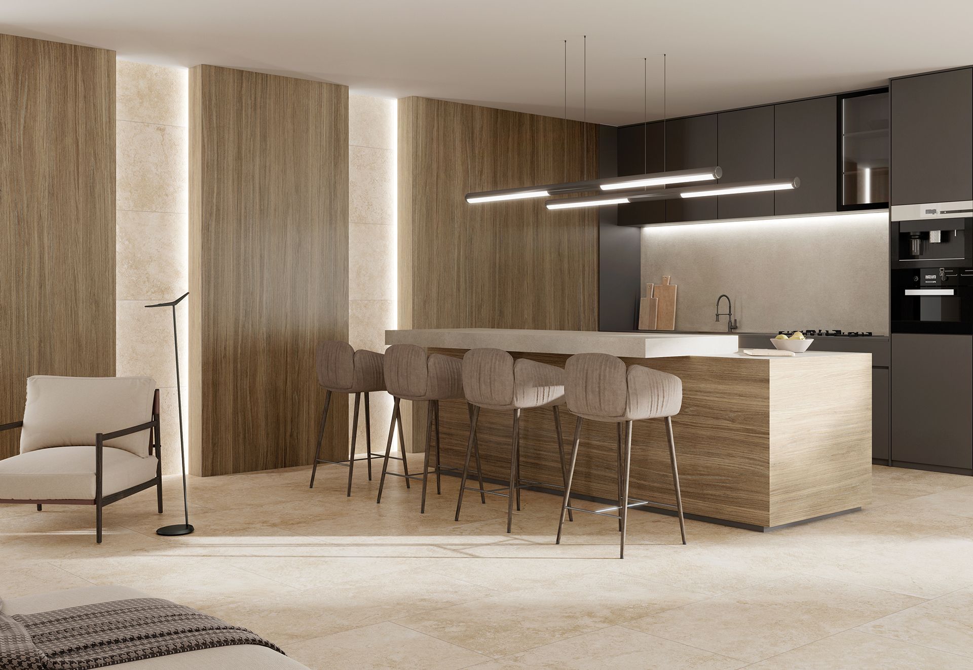 Cuisine moderne ouverte avec placards en bois, îlot en marbre, suspensions lumineuses et tabourets de bar beiges.