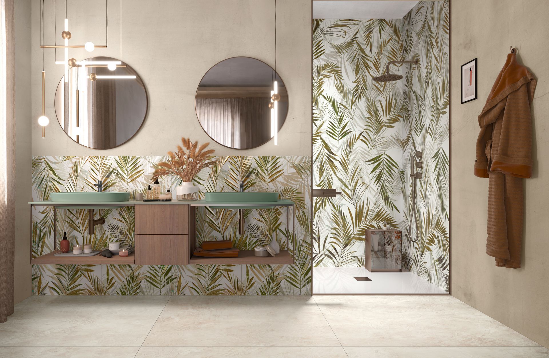Salle de bains moderne avec deux miroirs ronds, papier peint à motifs végétaux, meuble-lavabo suspendu et serviettes suspendues