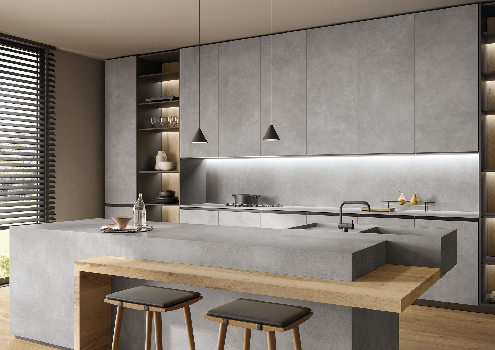 Cuisine moderne et minimaliste avec armoires grises, îlot central, éléments en bois et tabourets de bar.