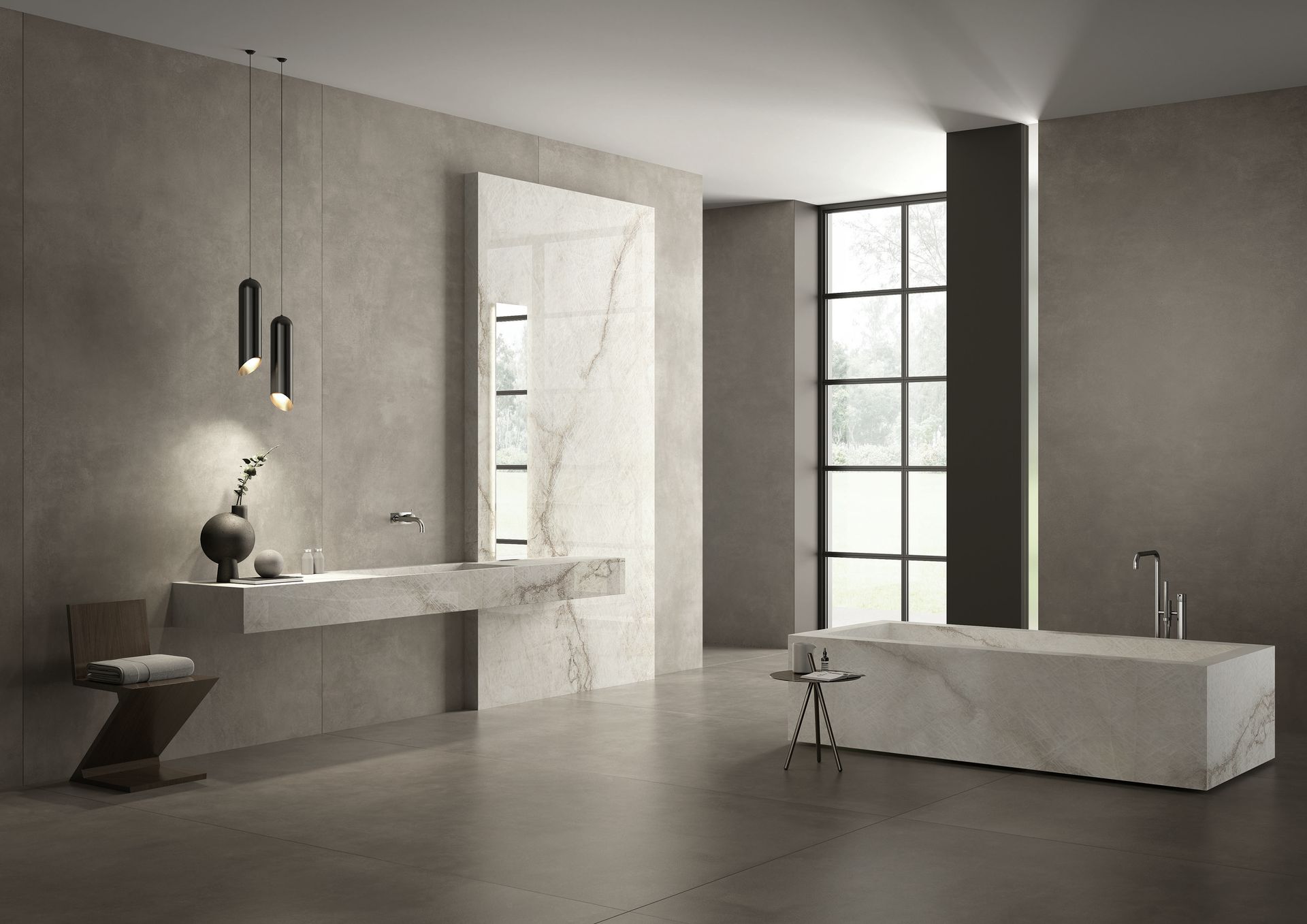 Salle de bains moderne et minimaliste avec murs en pierre, grandes fenêtres, meuble-lavabo suspendu et baignoire îlot.