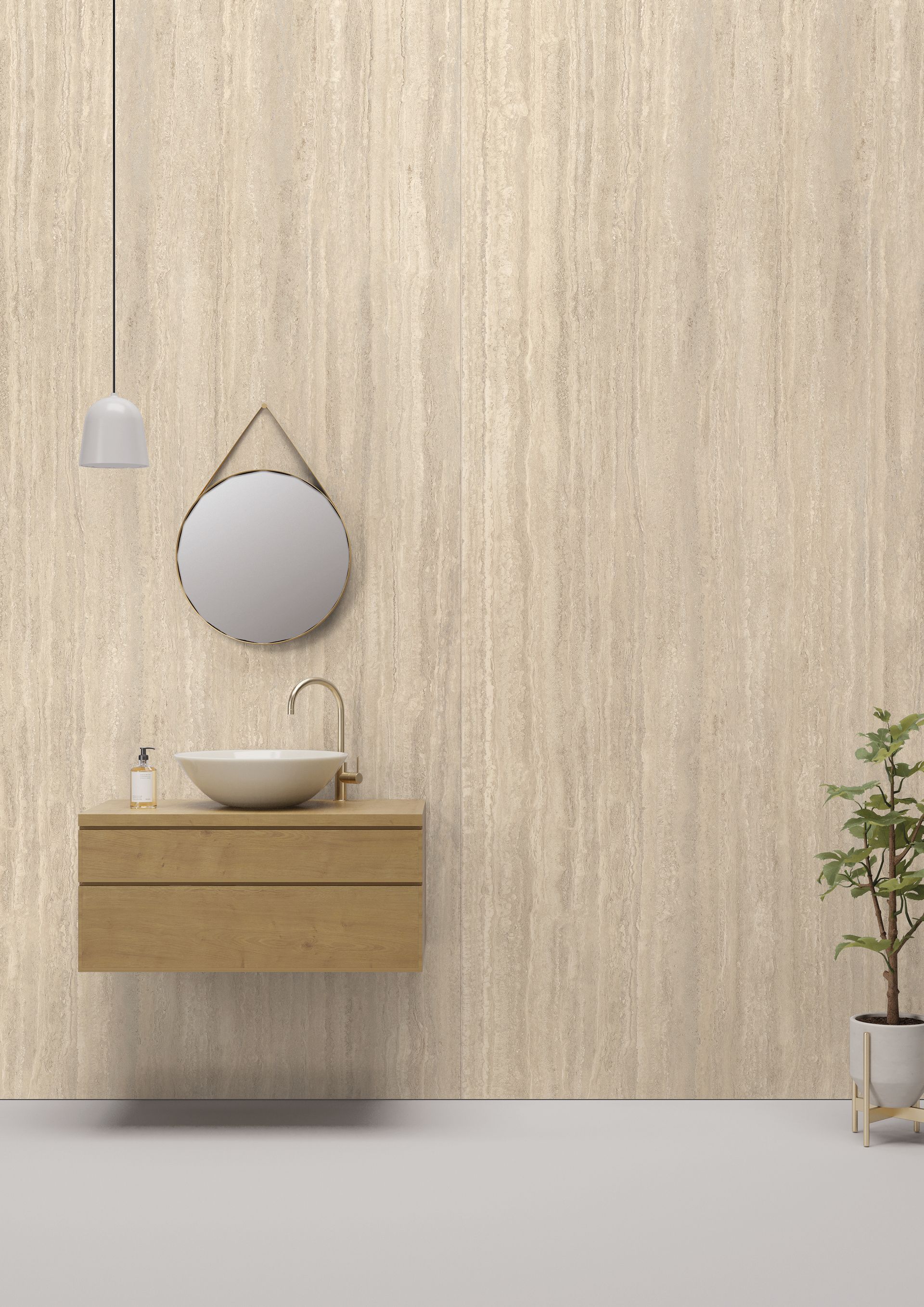 Meuble-lavabo minimaliste avec miroir rond, armoire en bois, lavabo et petite plante en pot sur un mur beige.