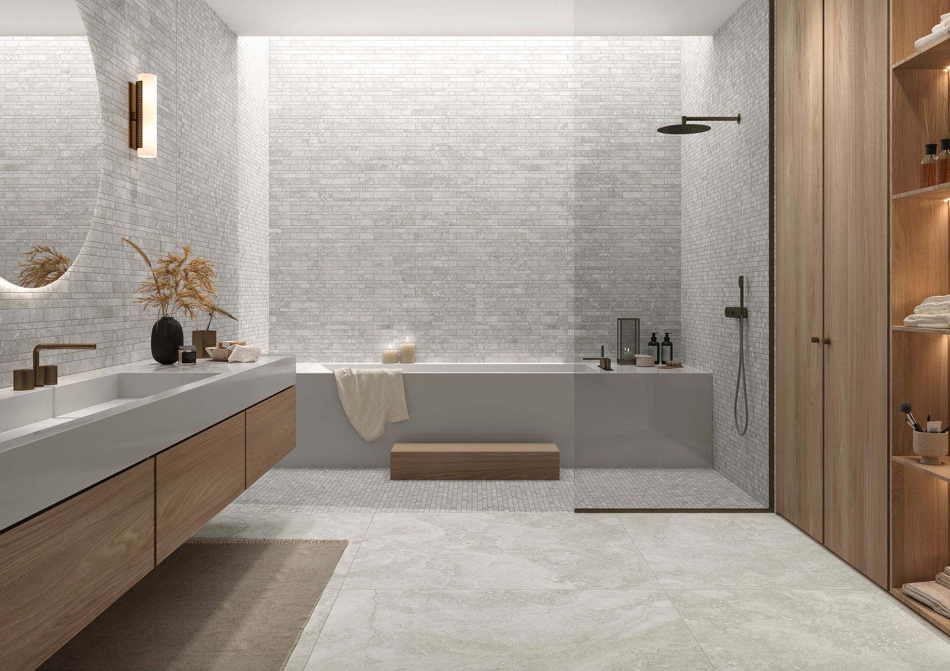 Salle de bains moderne avec baignoire îlot, douche à l'italienne, meuble-lavabo en bois et finitions en pierre douce.