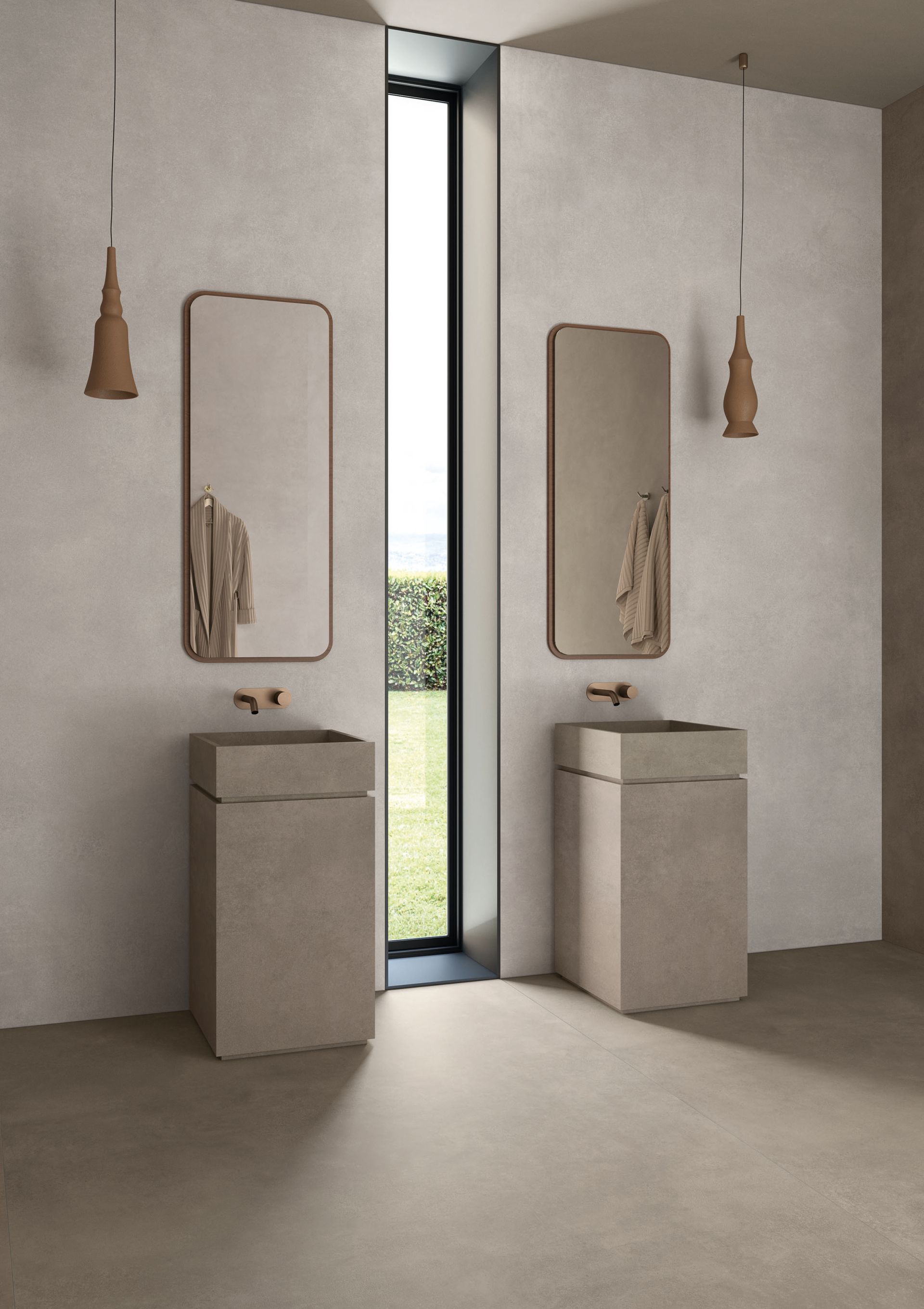 Salle de bains minimaliste avec deux vasques en pierre, de grands miroirs et des murs beiges