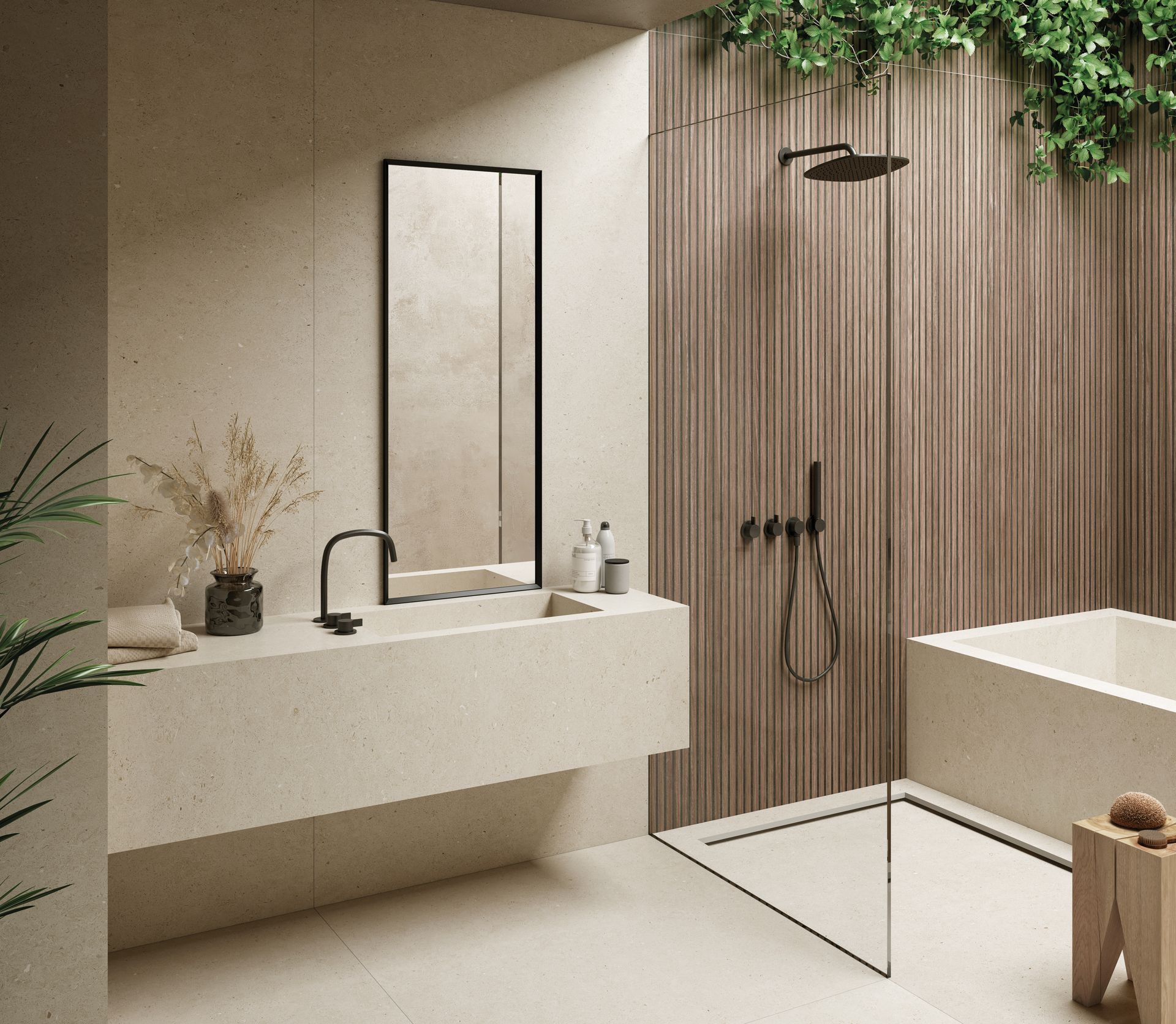 Salle de bains moderne et minimaliste avec murs beiges, lavabo suspendu, porte de douche en bois et robinetterie noire.
