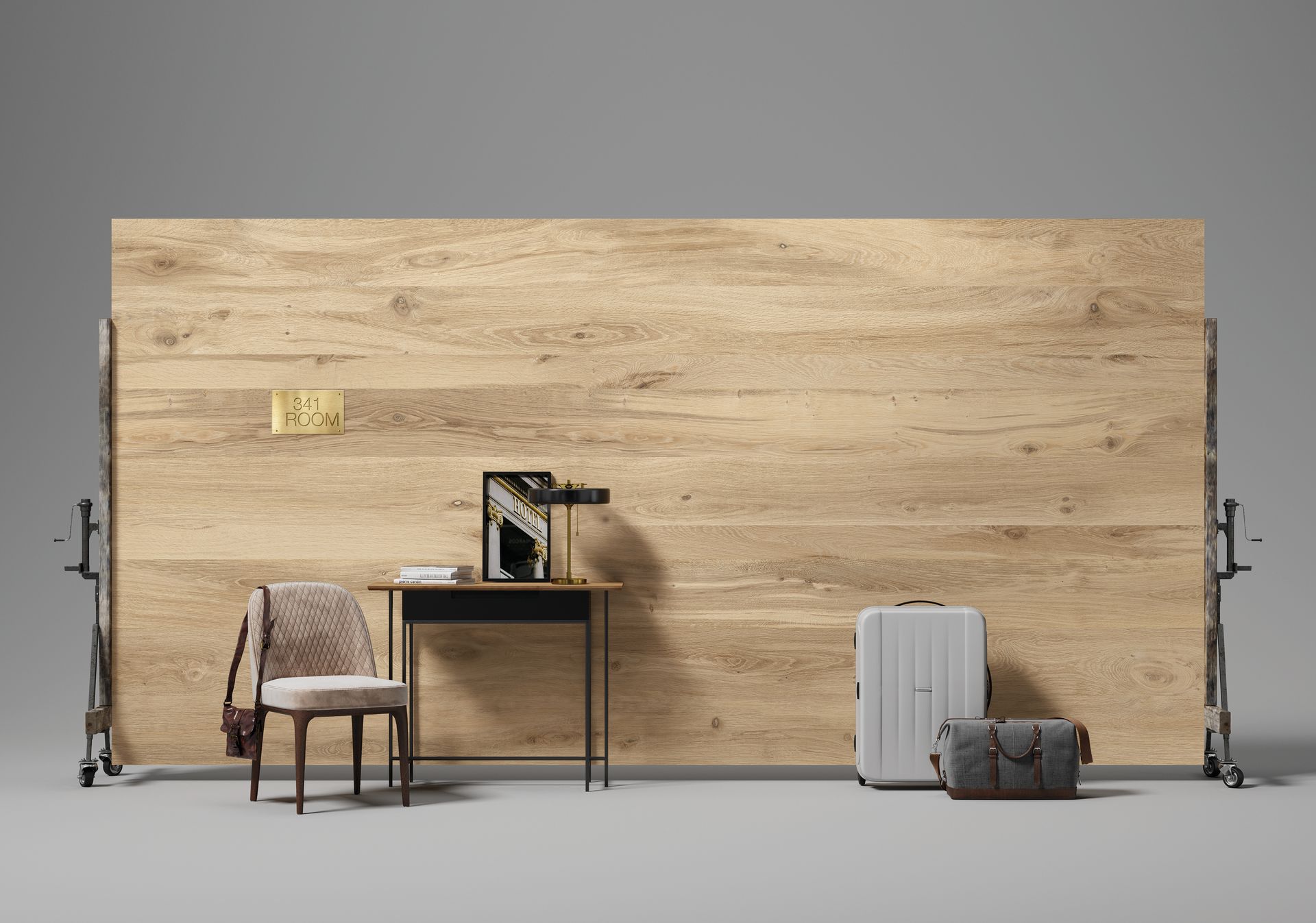 Aménagement minimaliste d'un bureau avec chaise, lampe, valise et paniers contre un mur en bois