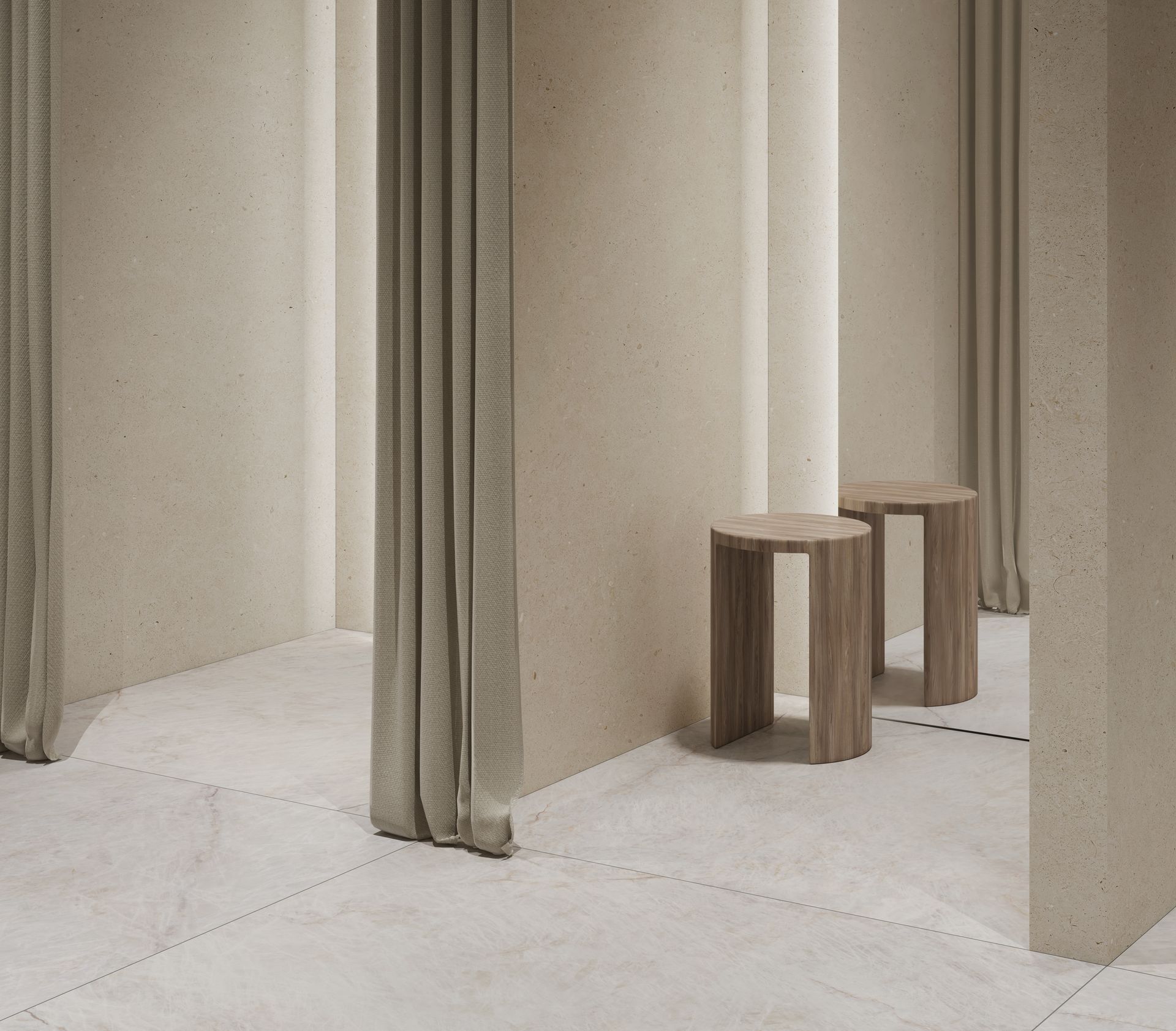Intérieur beige minimaliste avec panneaux incurvés et deux petits tabourets en bois