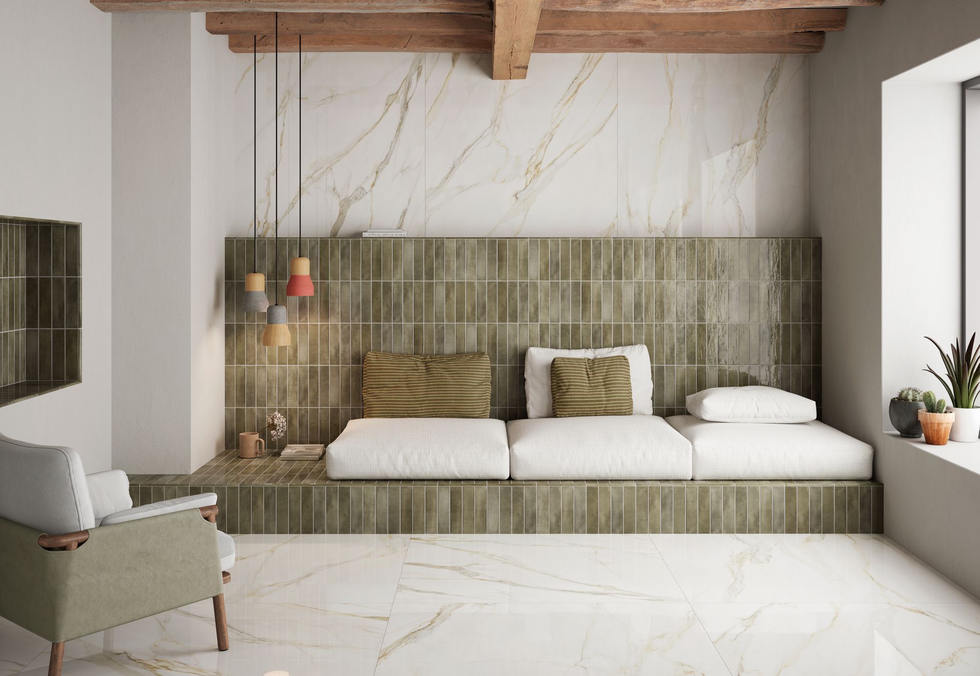 Chambre minimaliste avec lit en pierre intégré, linge de lit blanc, mur carrelé de carreaux olive et poutres apparentes en bois.