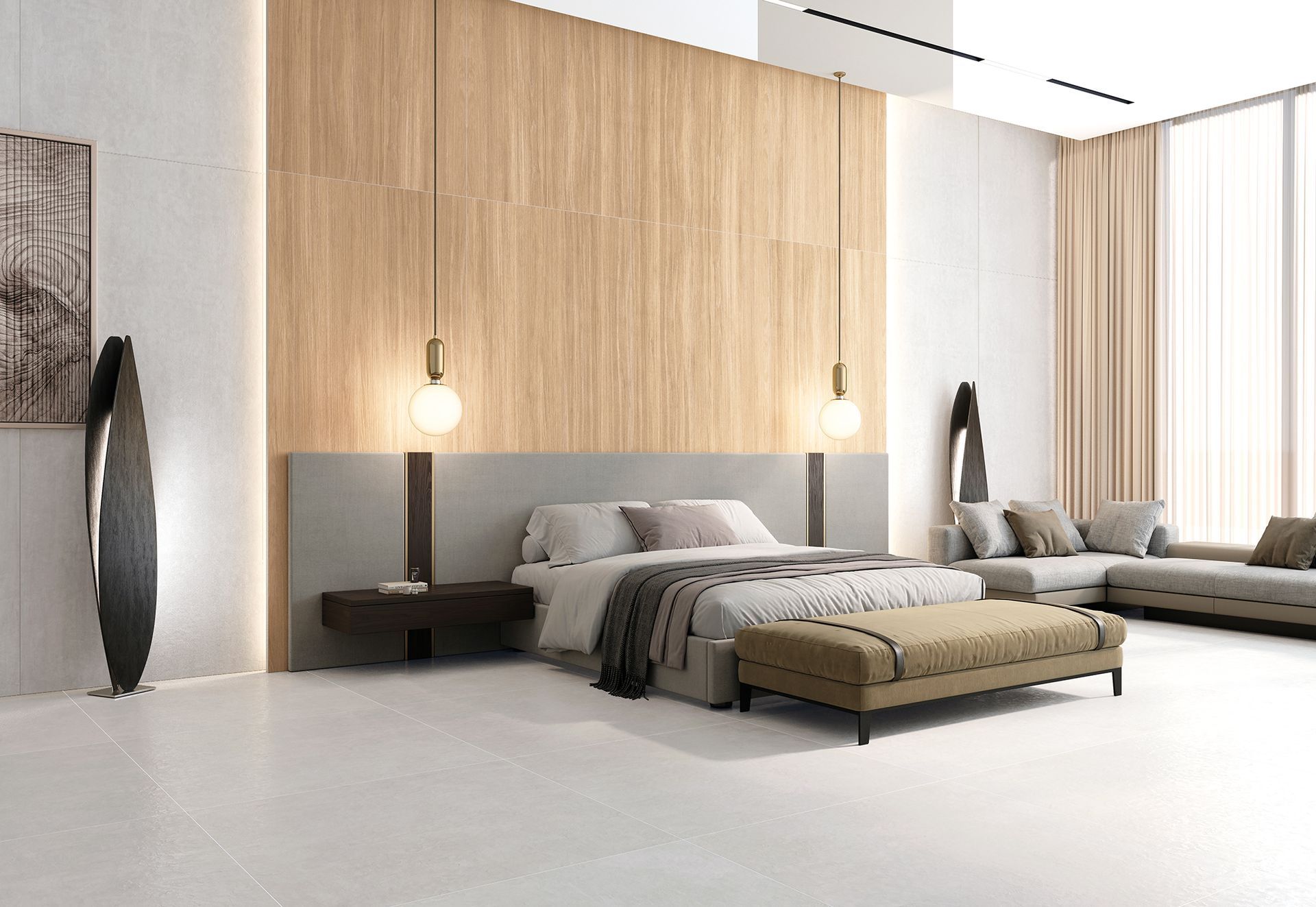 Chambre minimaliste moderne avec mur lambrissé, suspensions lumineuses, lit, canapé et grands rideaux.