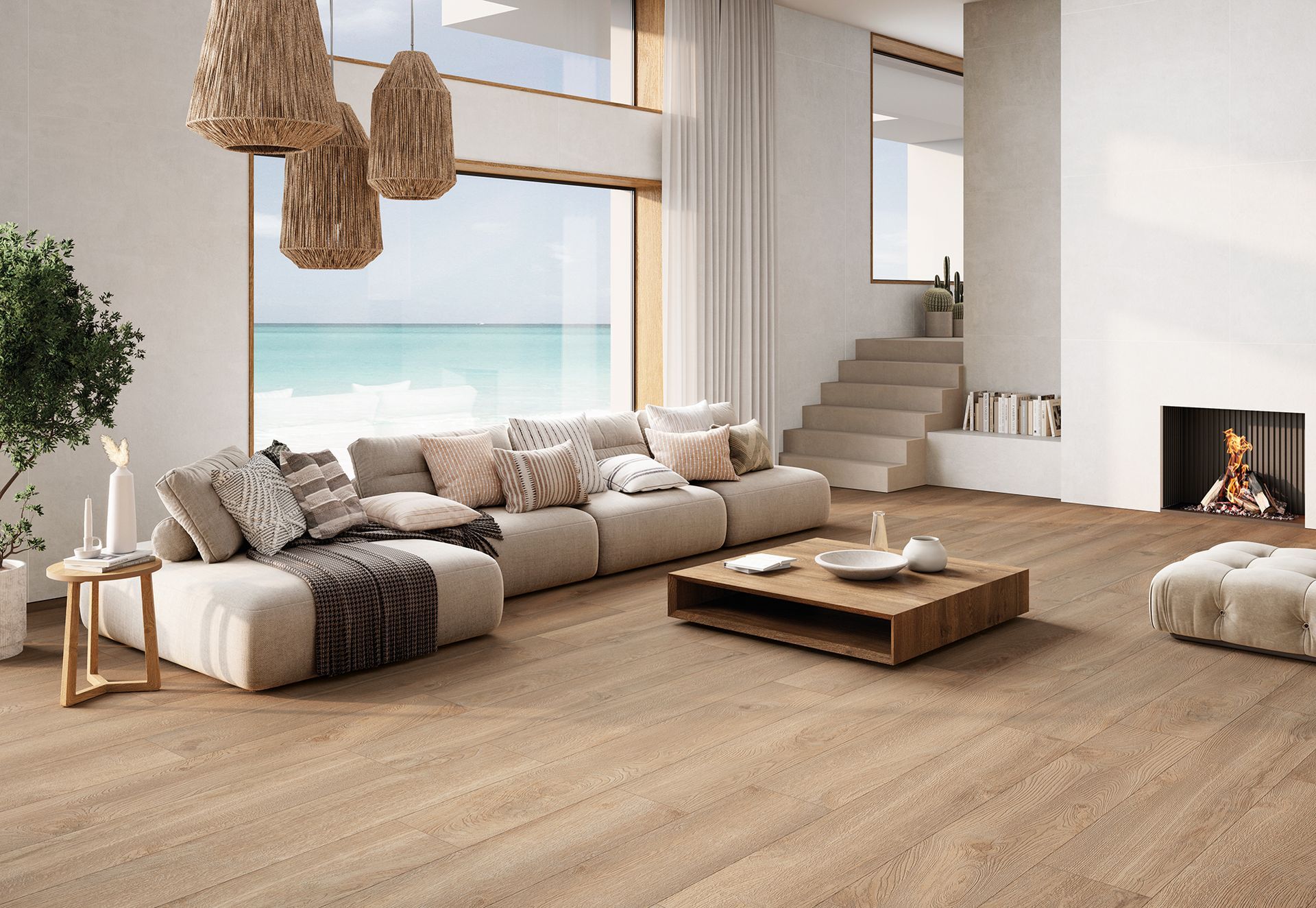 Salon moderne avec canapé beige, table basse en bois, cheminée, grandes fenêtres et décoration minimaliste