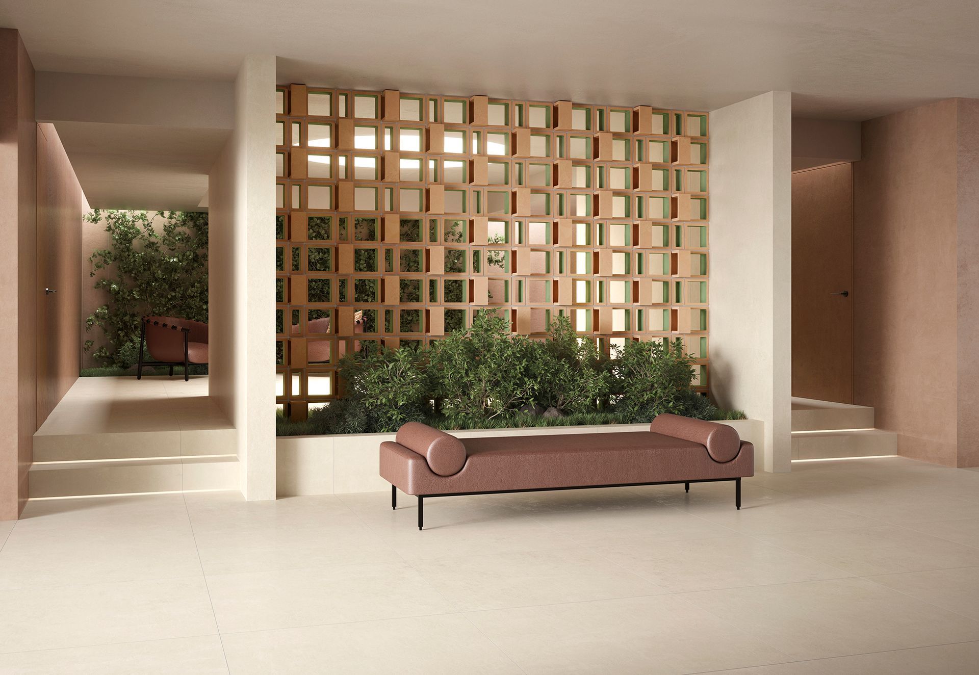 Hall d'entrée moderne avec murs beiges, claustra, banquette intégrée et plantes en pot.