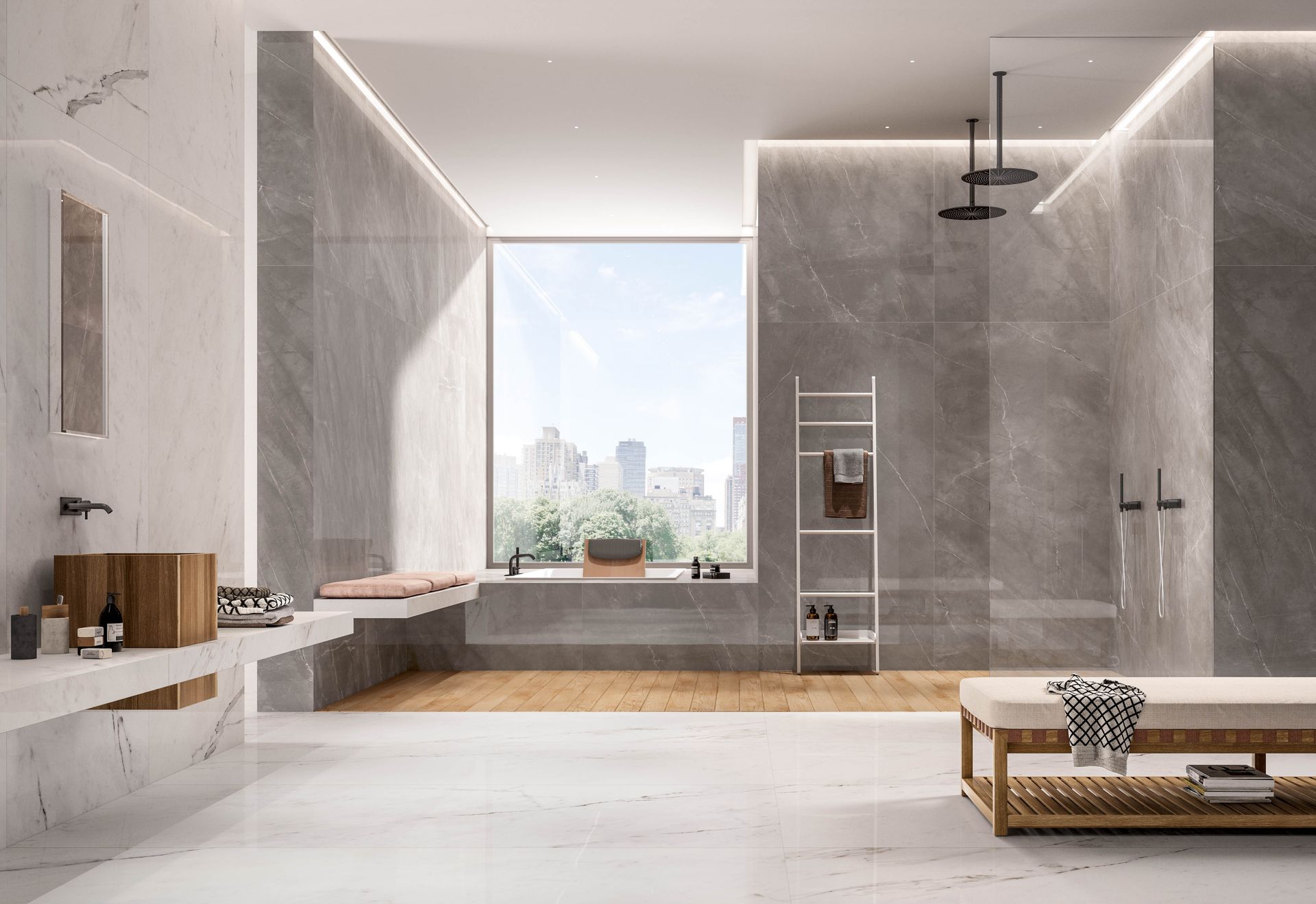Salle de bains moderne et minimaliste avec murs en marbre, double vasque, baignoire et fenêtre avec vue sur la ville
