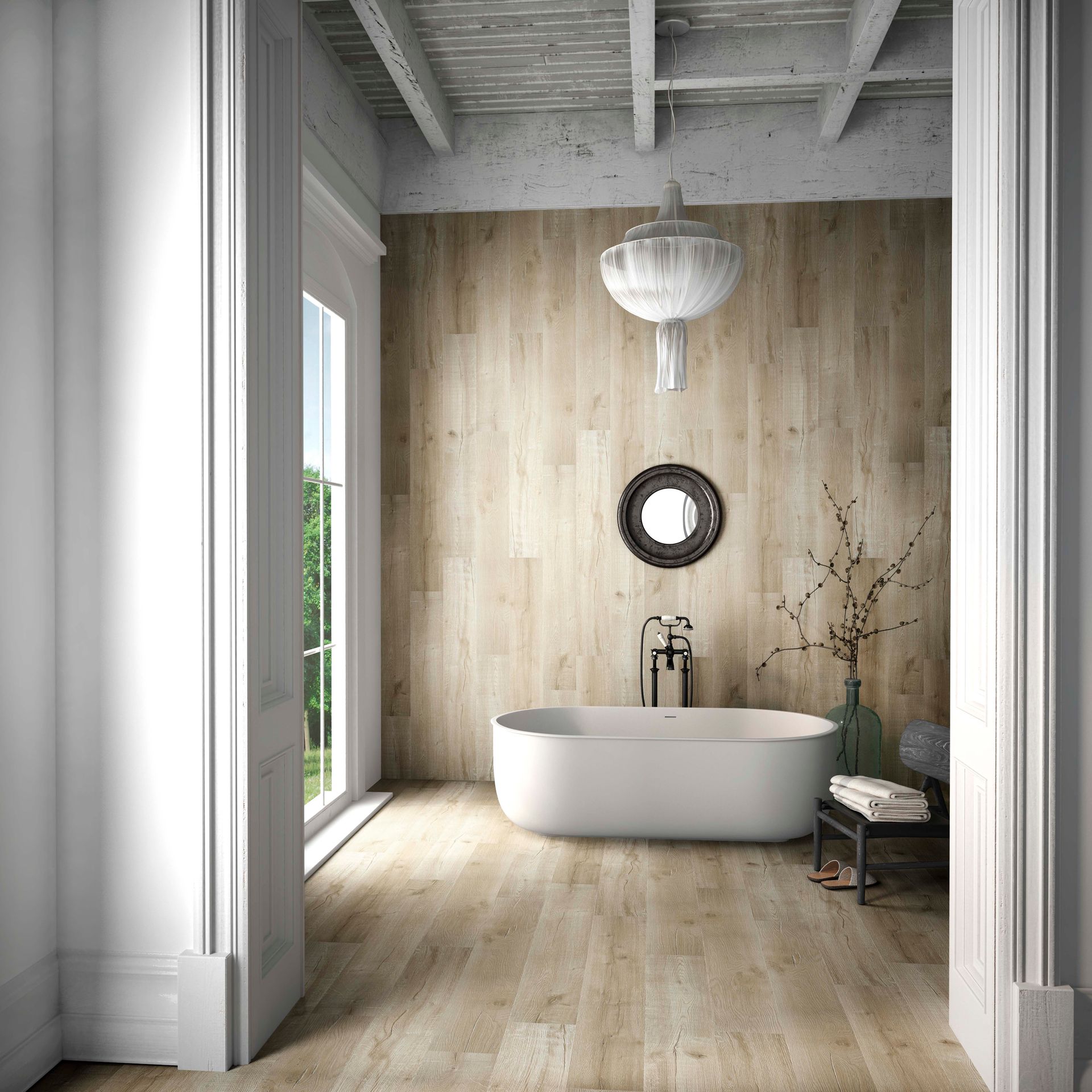 Salle de bains rustique moderne avec baignoire îlot, miroir rond et murs en bois clair