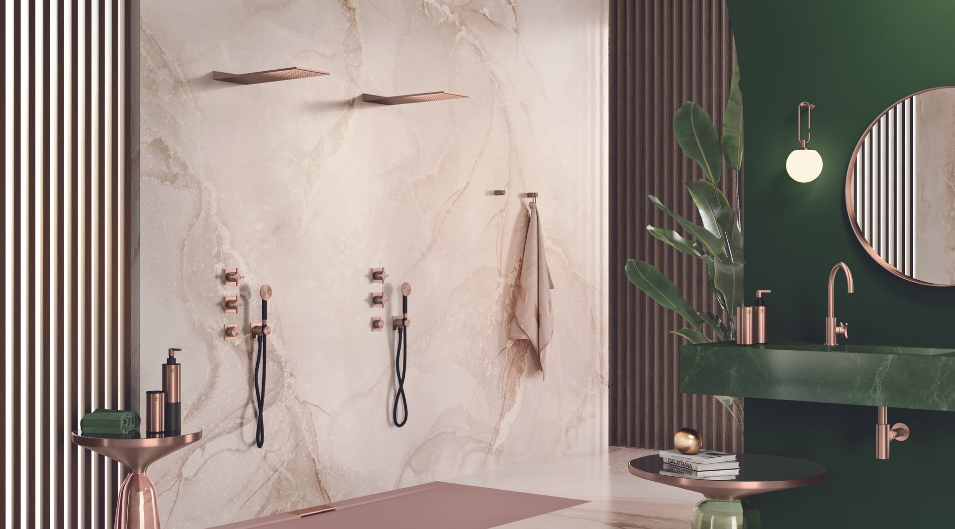 Salle de bains moderne avec paroi de douche en marbre, meuble-lavabo vert foncé, miroir rond et plantes en pot en guise de touches décoratives.