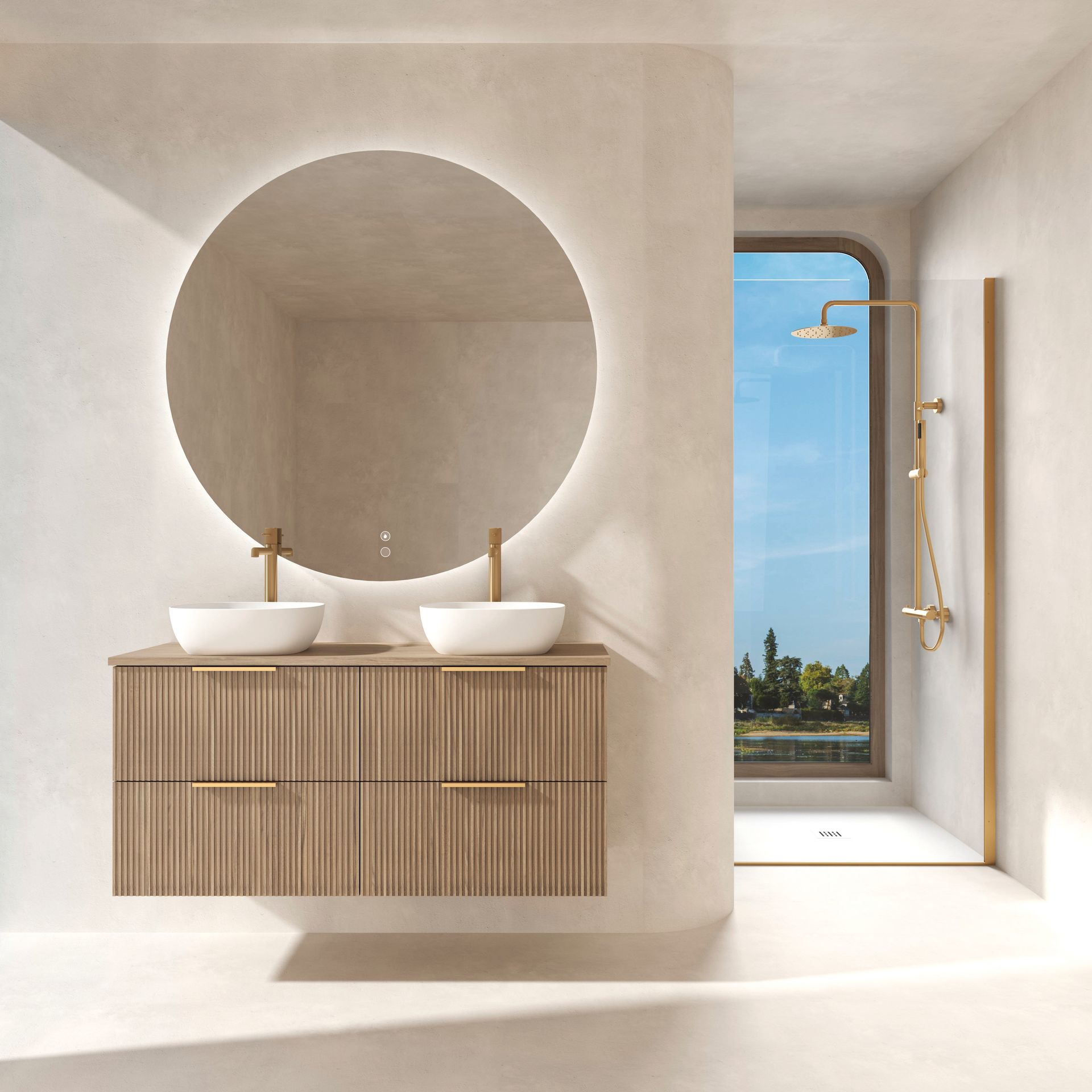 Meuble-lavabo minimaliste avec miroir rond, double vasque et douche en verre près d'une fenêtre