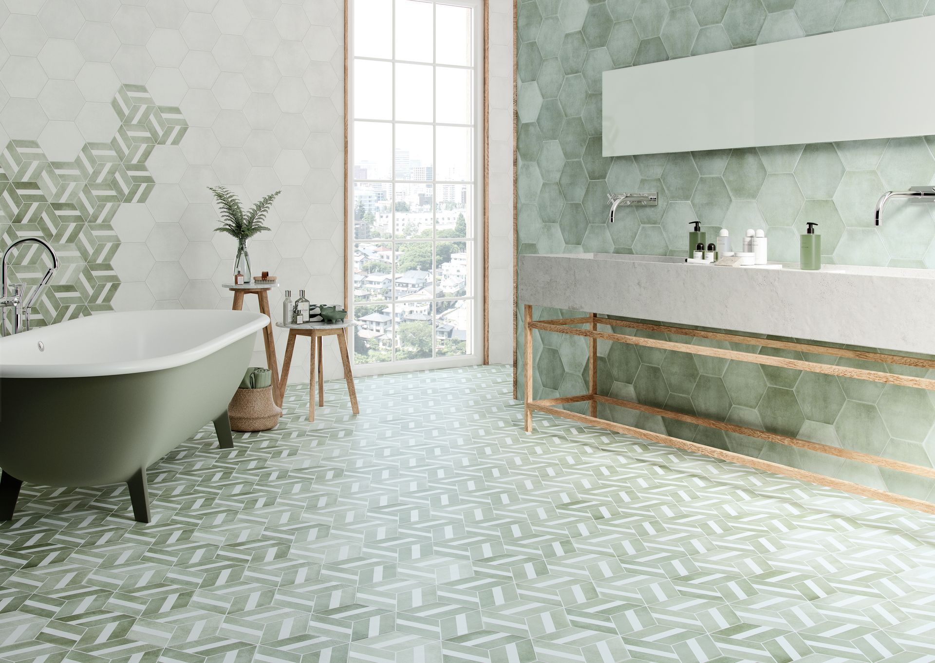 Salle de bains moderne avec carrelage vert à motifs, baignoire îlot, meuble-lavabo en bois et grande fenêtre