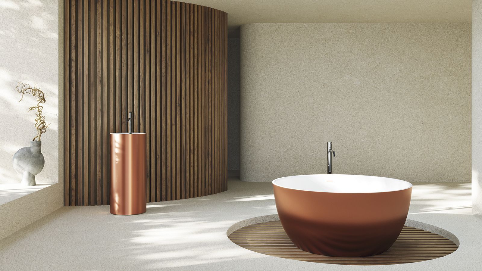 Salle de bains minimaliste avec lavabo en cuivre, robinet sur pied et mur en lattes de bois baigné d'une douce lumière naturelle.
