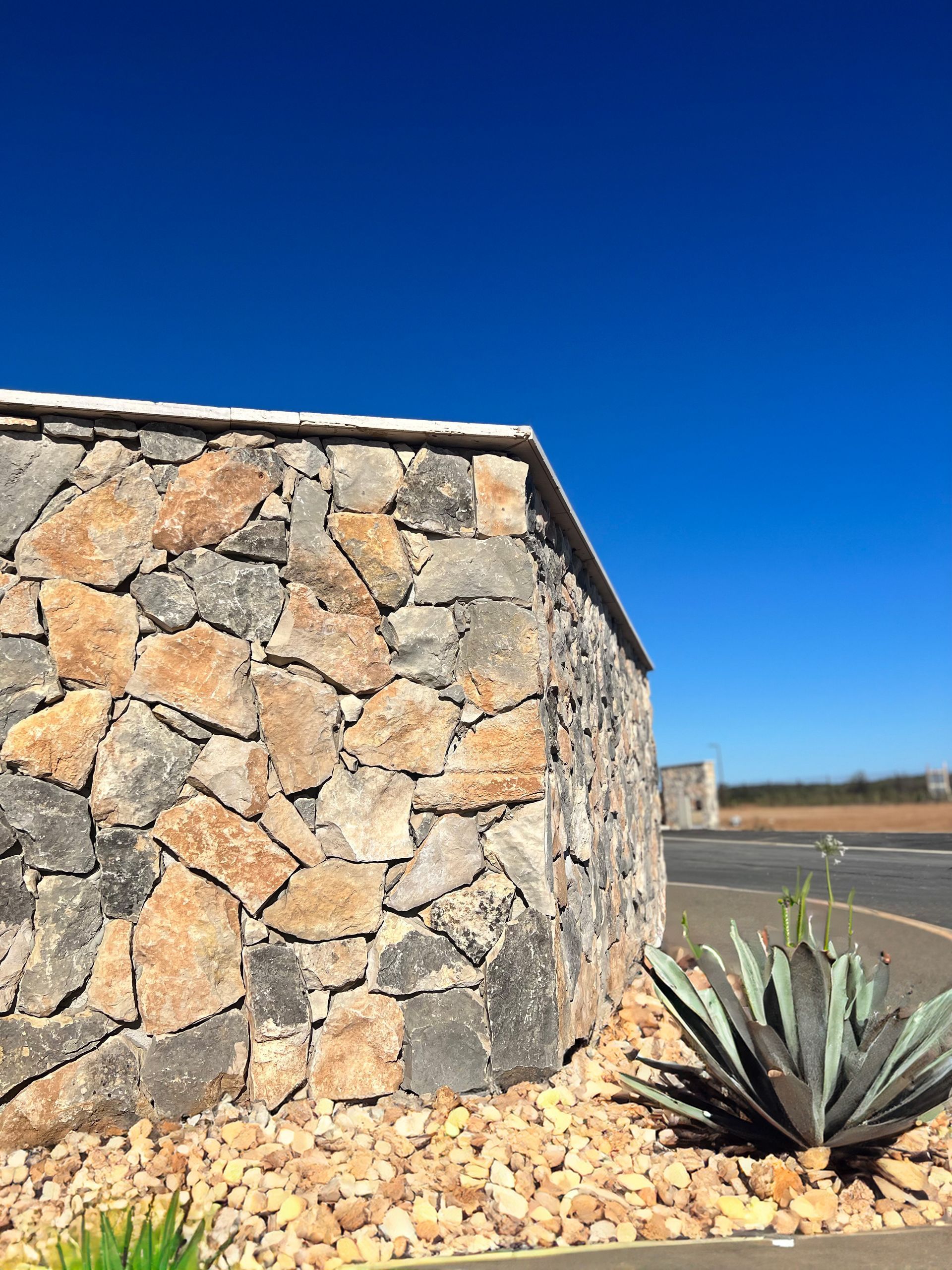 Mur de pierres couvert de plantes du désert sous un ciel bleu azur, au bord d'une route