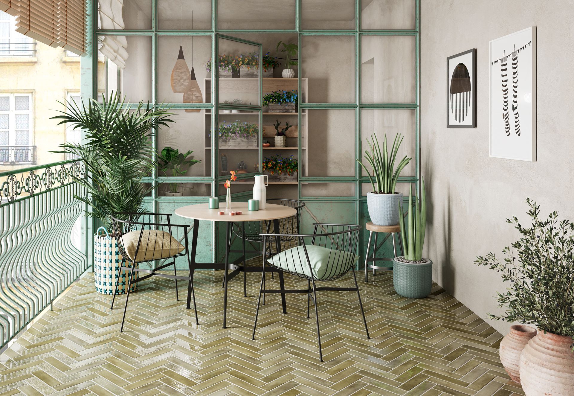 Coin salon moderne d'un café avec chaises vertes, table ronde, plantes en pot et sol carrelé à motifs