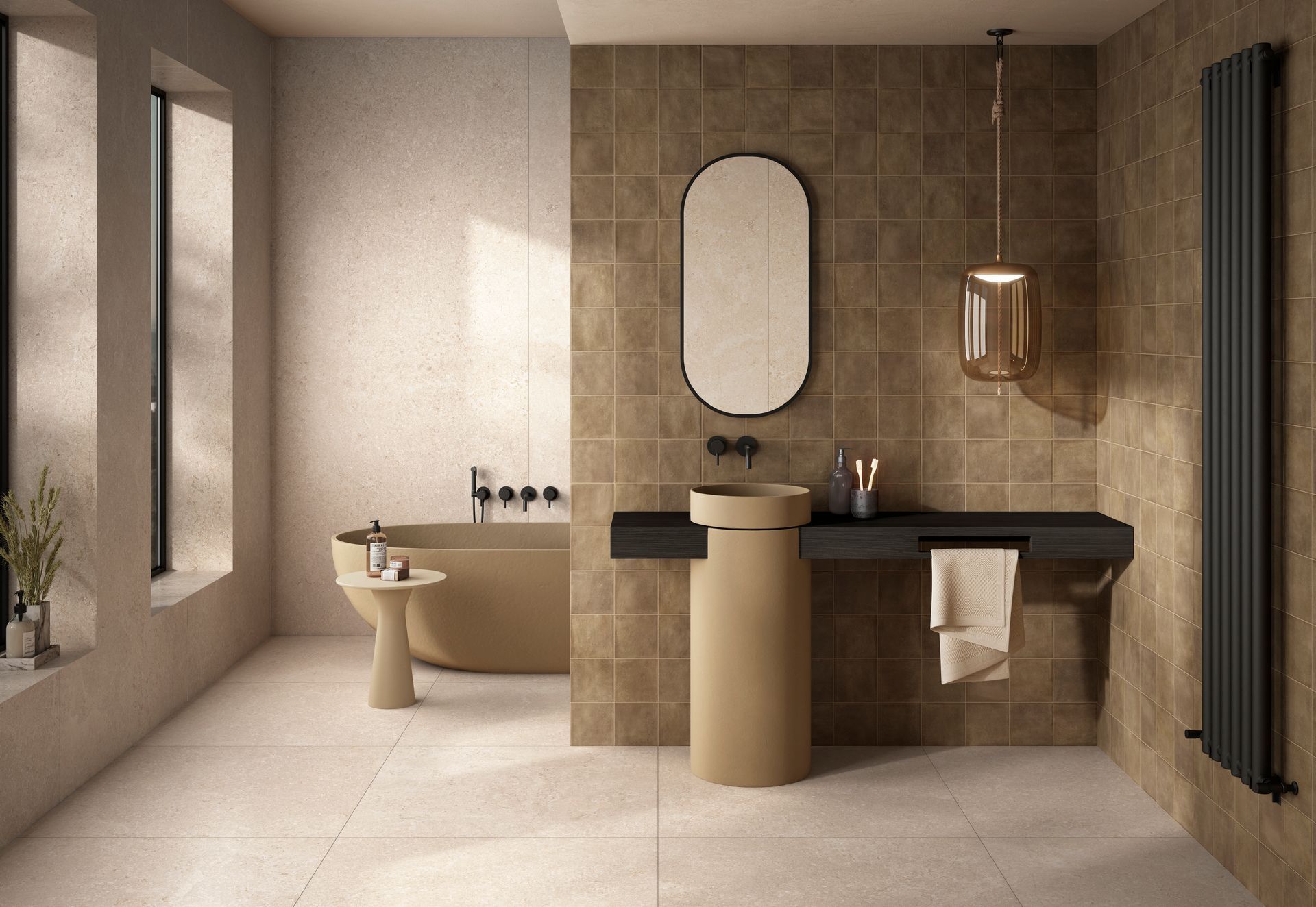 Salle de bains moderne beige avec baignoire îlot, meuble-lavabo, miroir et radiateur mural