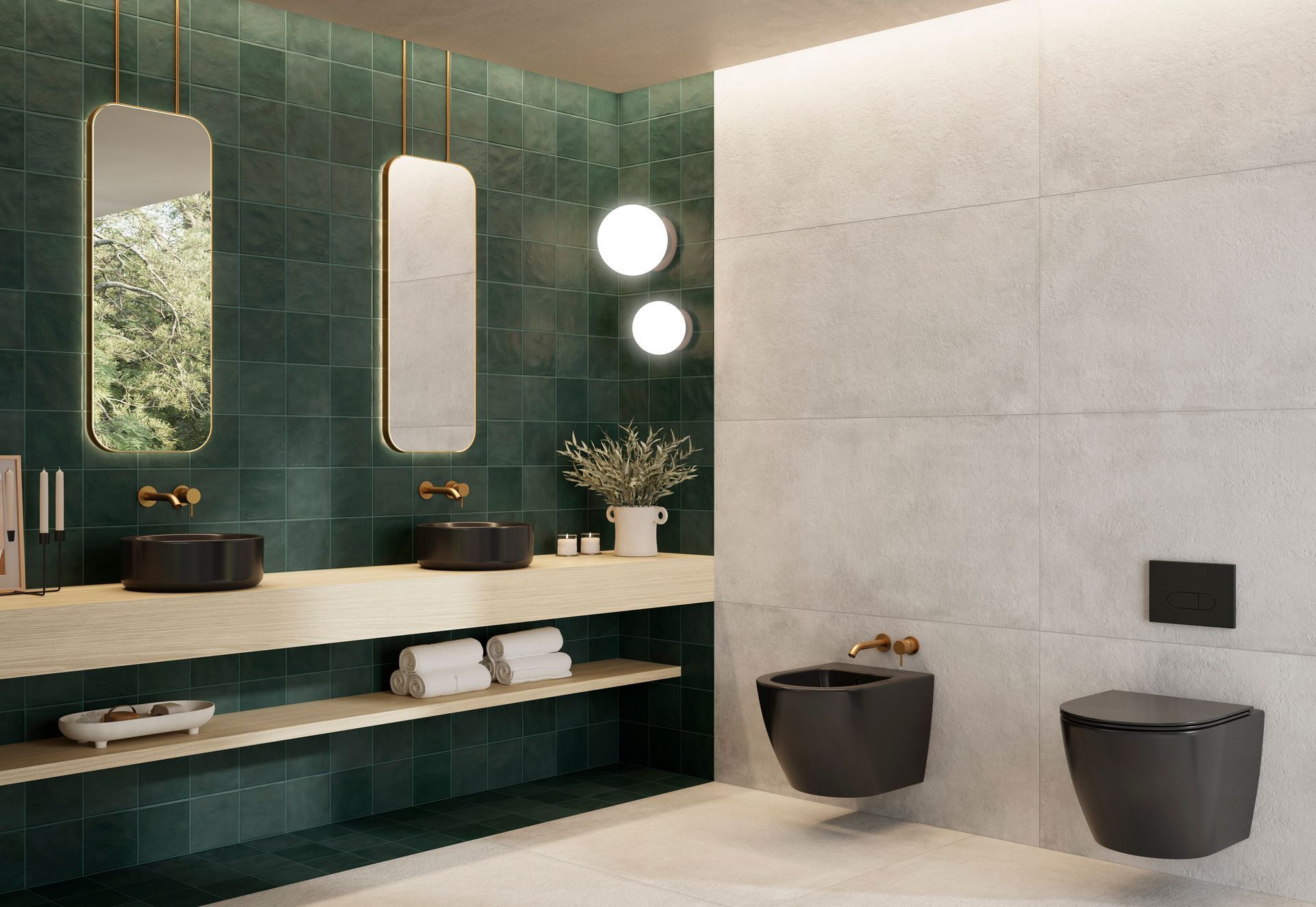 Salle de bains moderne avec mur carrelé bleu turquoise, grands miroirs, meuble-lavabo suspendu et deux lavabos muraux.