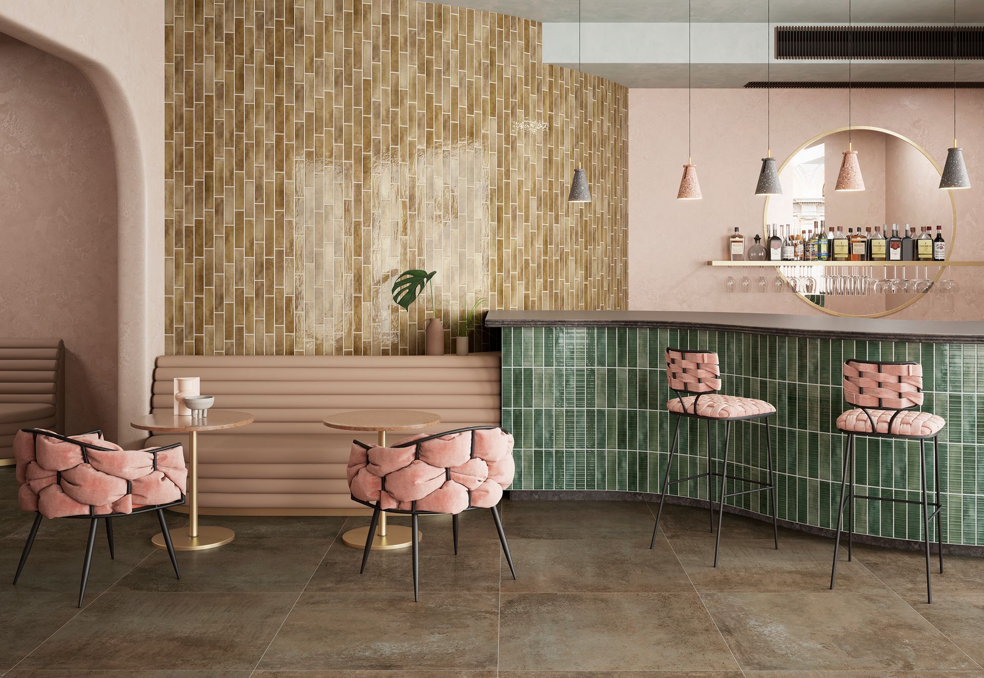 Intérieur de café moderne avec chaises roses, bar en carrelage vert et murs lambrissés.