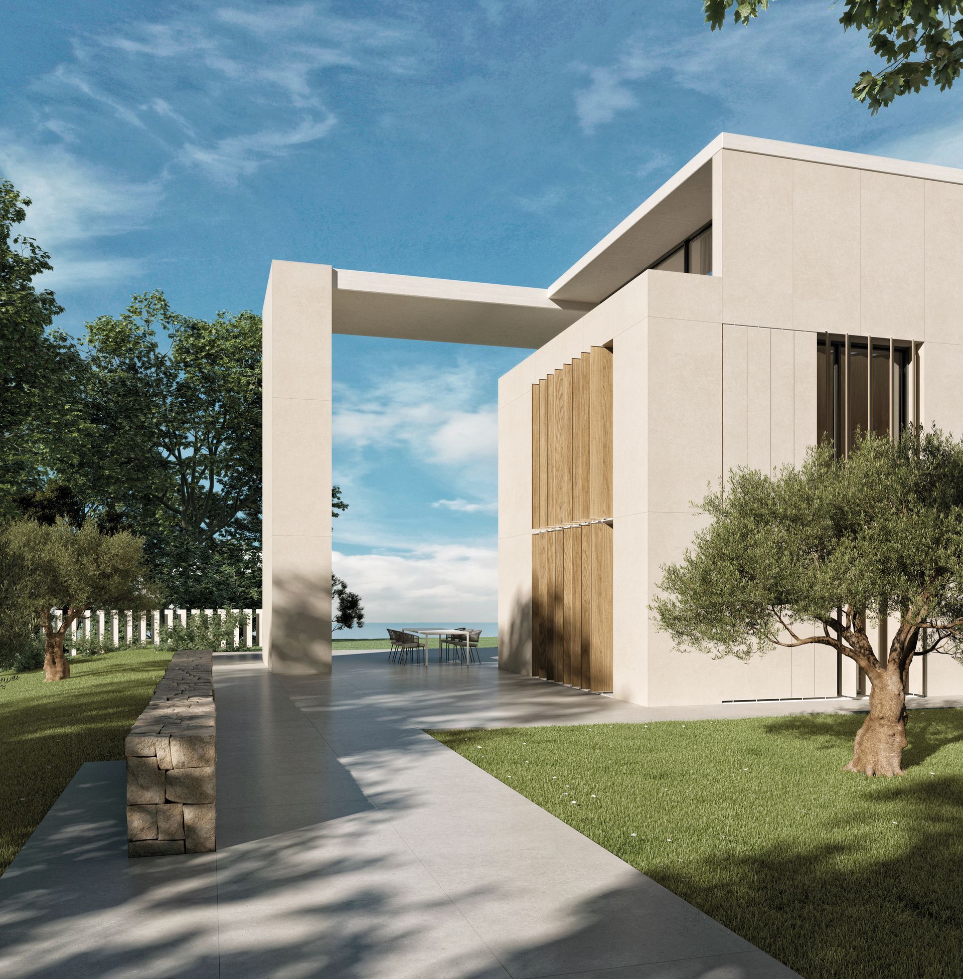 Maison moderne et minimaliste avec passerelle, pelouse, arbres et vue sur l'eau