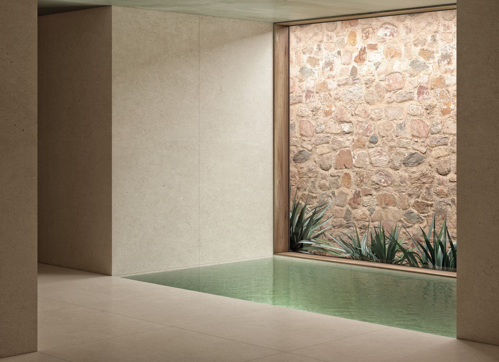 Intérieur minimaliste avec murs beiges, mur en pierre et bassin peu profond agrémenté de plantes.