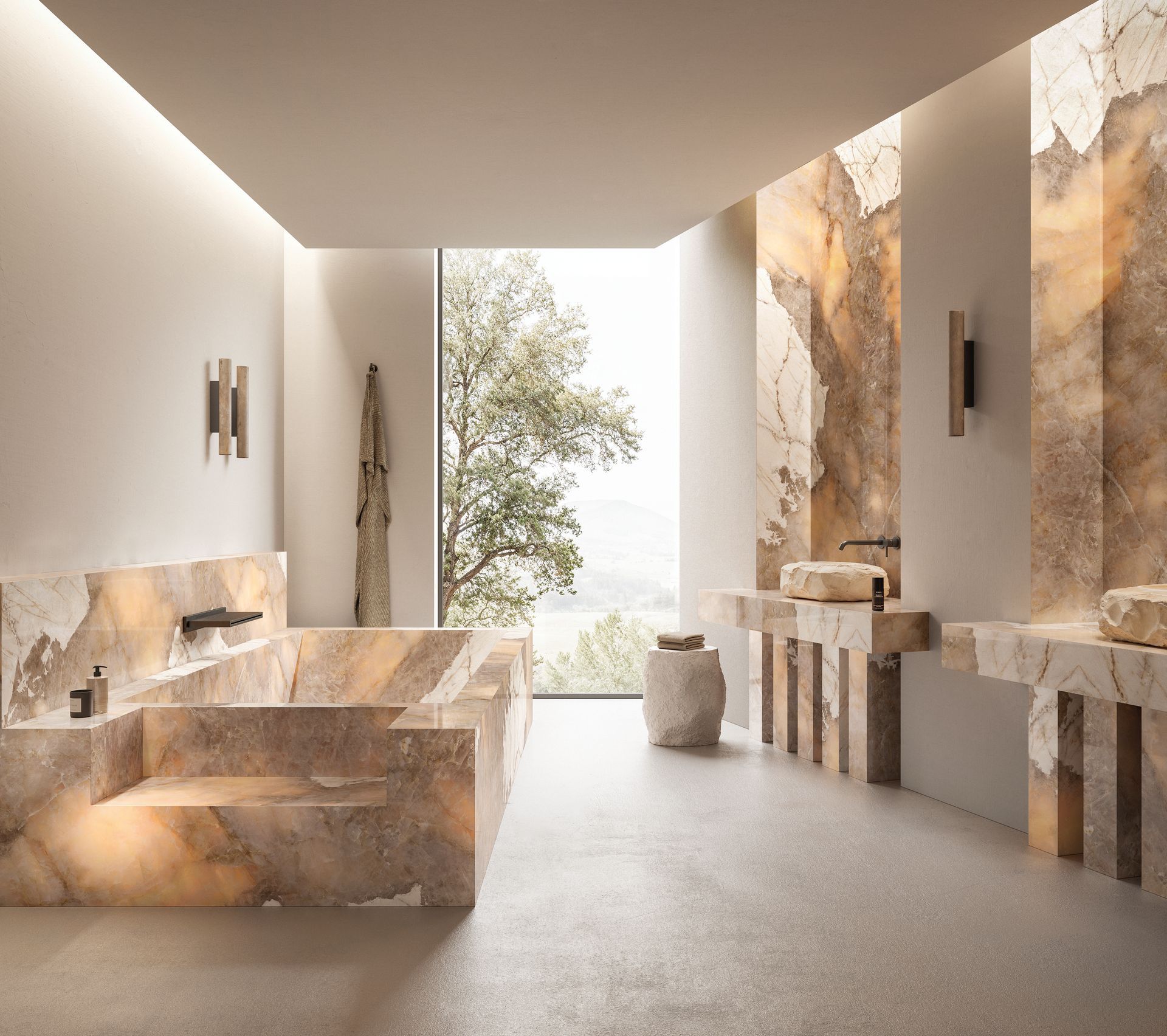 Intérieur moderne et minimaliste avec mobilier en marbre, touches de pierre chaleureuse et une grande fenêtre donnant sur les arbres