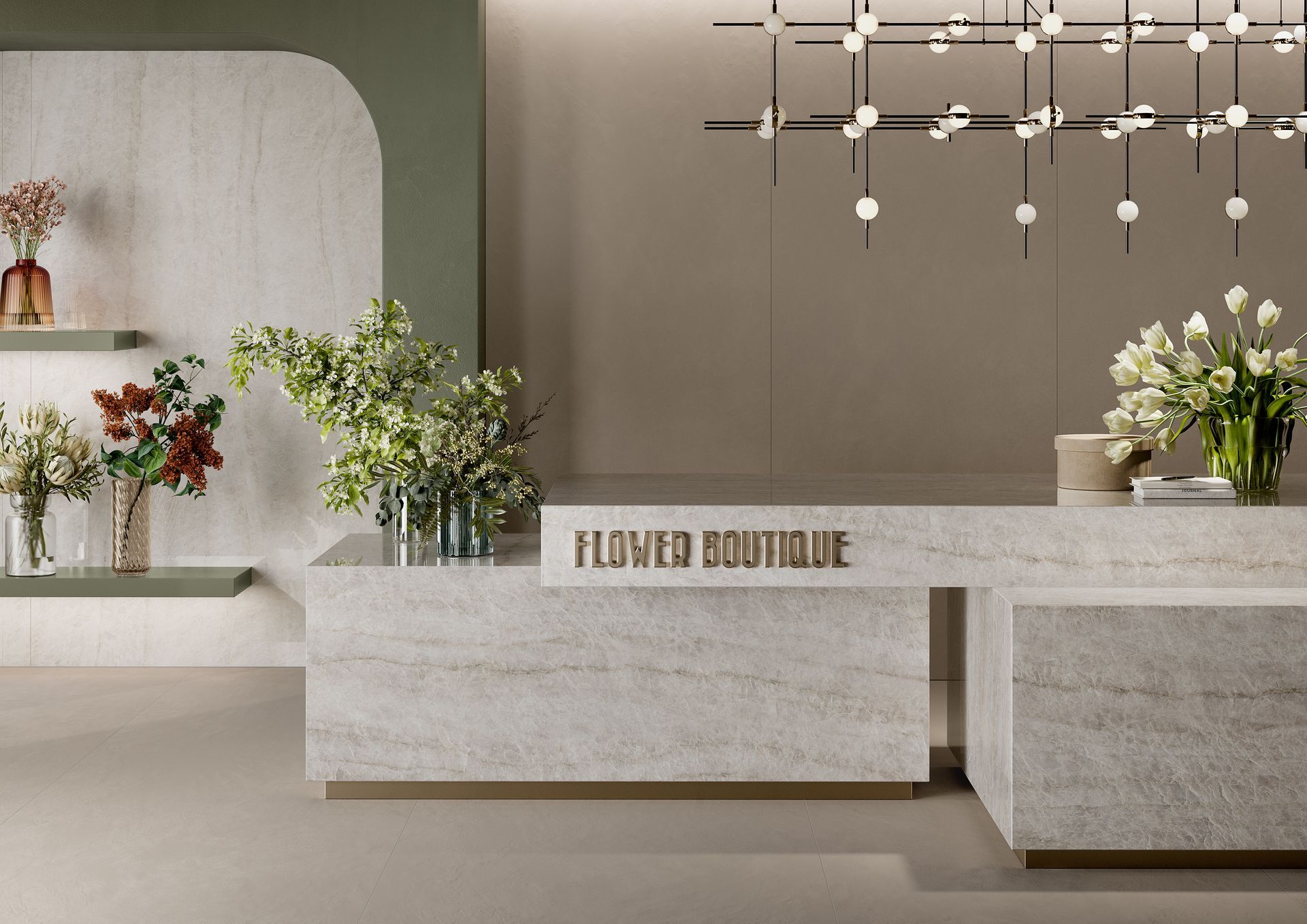 Intérieur moderne d'une boutique de fleurs avec comptoirs en pierre et compositions florales