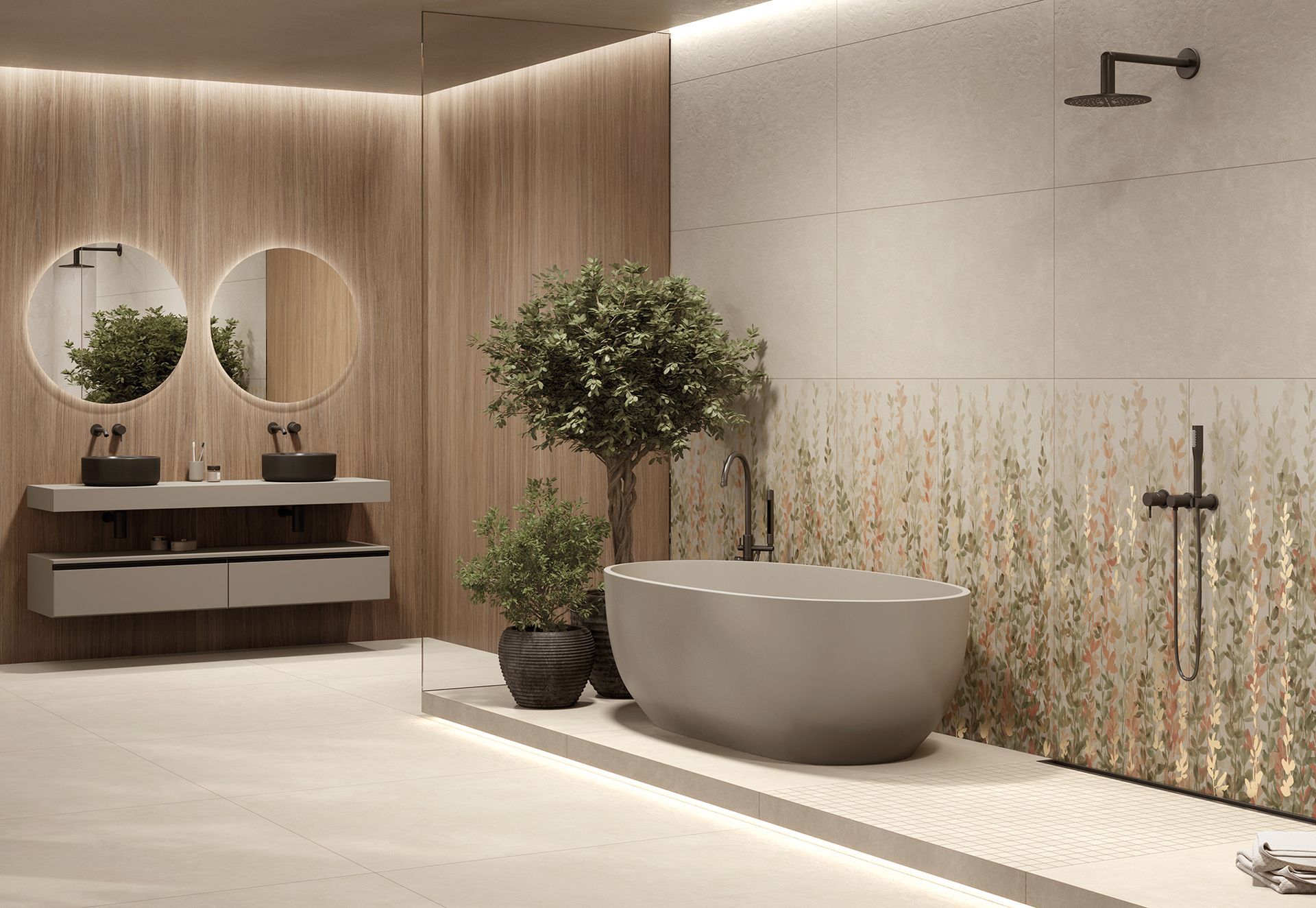 Salle de bains moderne et minimaliste avec miroirs ronds, meuble-lavabo en bois, baignoire îlot et mur en mosaïque florale