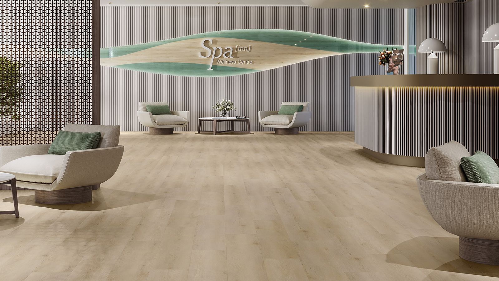 Hall d'entrée moderne avec comptoir d'accueil incurvé, parquet clair et sièges aux accents verts sous un mur nervuré.