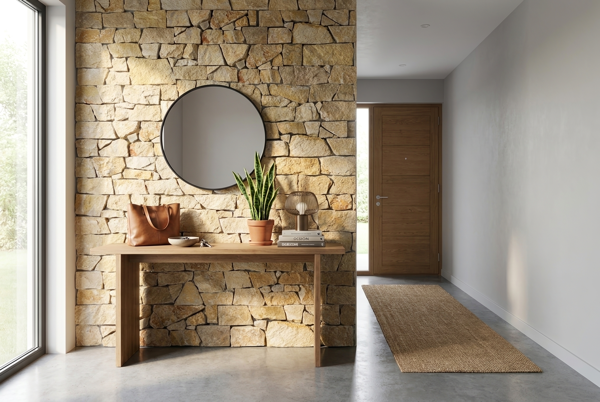 Couloir moderne avec mur en pierre, miroir rond, console en bois, plantes et tapis tissé