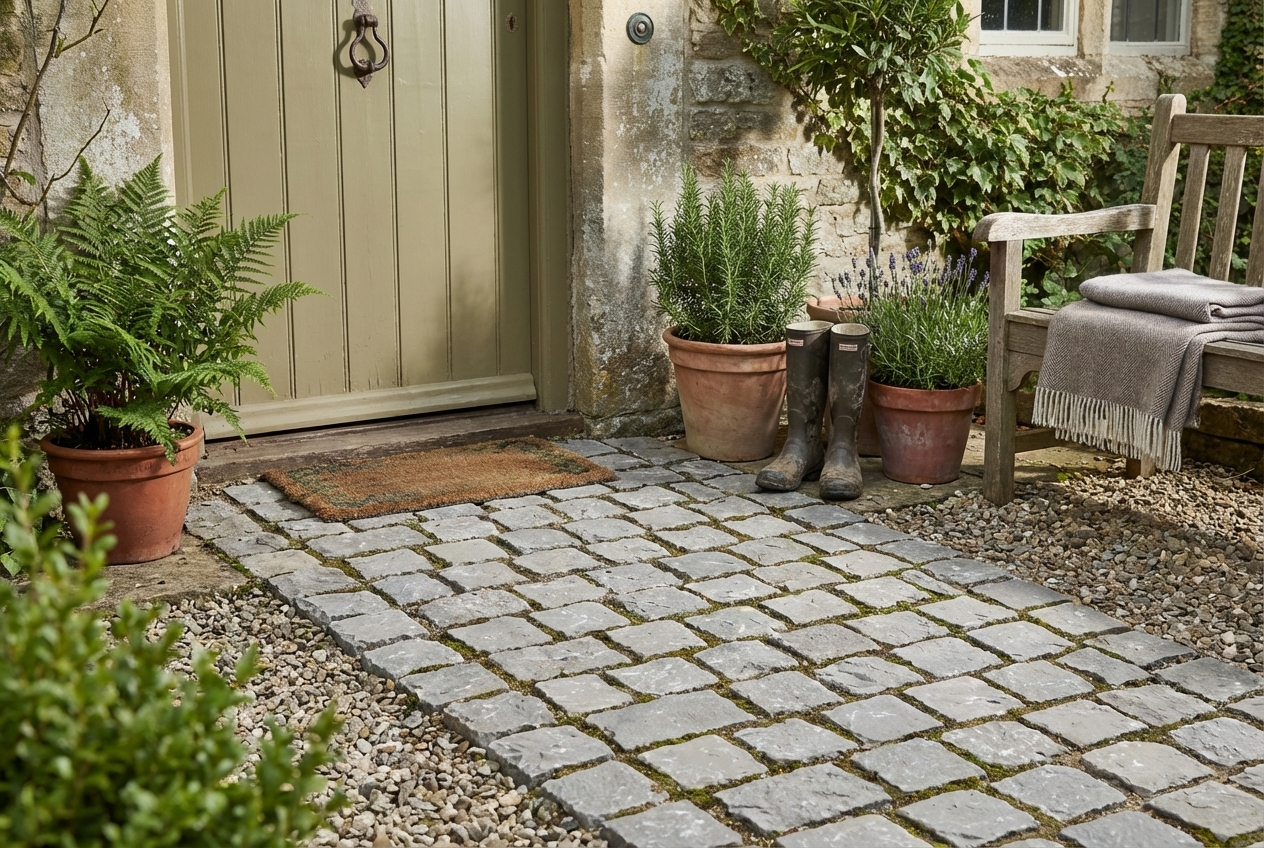 Petit patio en pierre avec des plantes en pot, une porte beige et un fauteuil rembourré contre un muret.