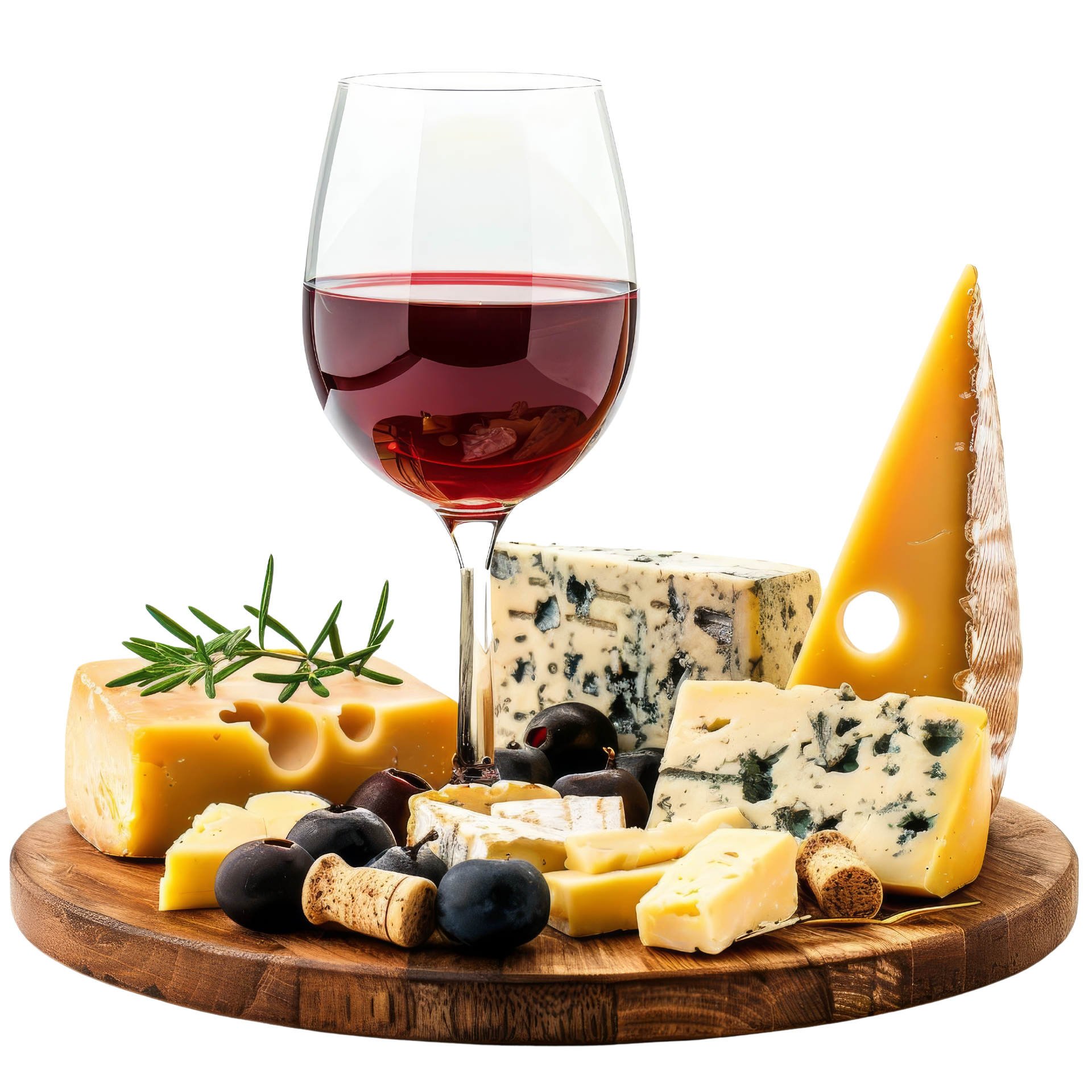 Un plateau de fromage avec un verre de vin rouge.
