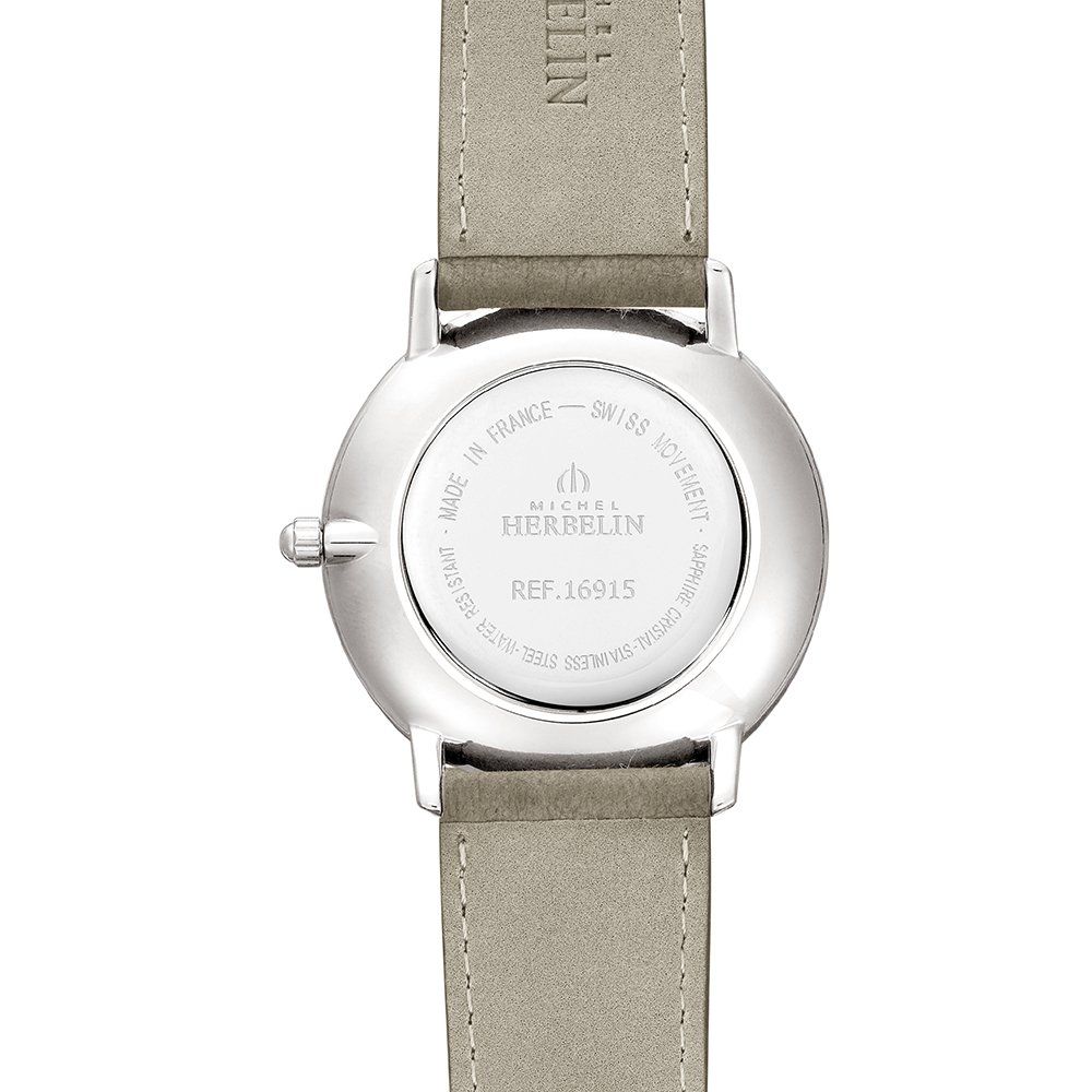 montre à bracelet en cuir gris vue de dos 