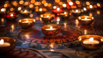 Velas encendidas en pequeños cuencos dorados sobre una superficie colorida y estampada.