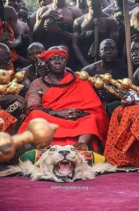 Hombre vestido de rojo sentado sobre una alfombra con cabeza de león, rodeado de gente; probablemente un escenario ceremonial.