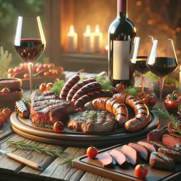 Cena festiva con carnes a la parrilla, copas de vino y velas sobre la mesa.