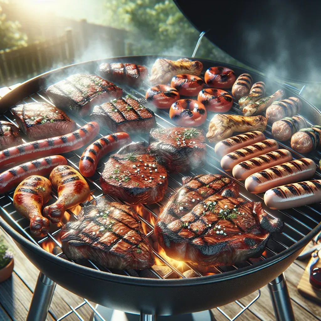Variedad de salchichas y filetes asándose en una barbacoa redonda, con humo que se eleva bajo la cálida luz del sol.