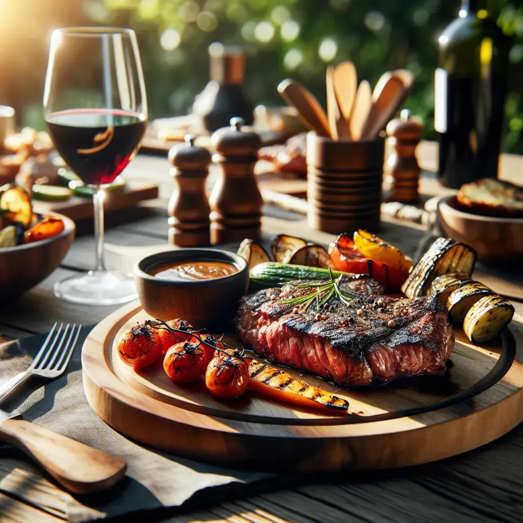 Cena de bistec a la parrilla con verduras, salsa y vino en una mesa rústica.